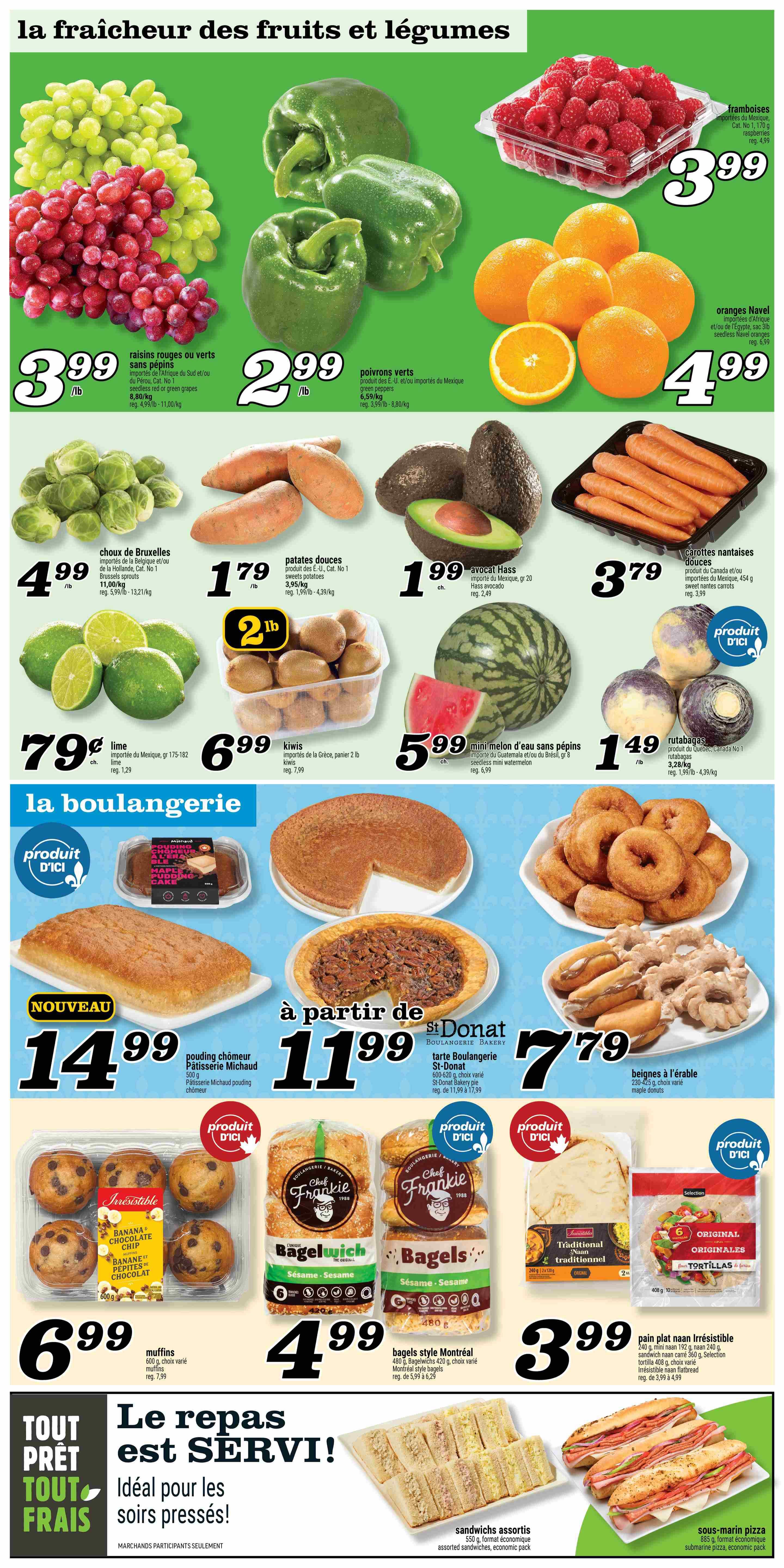 Marché Richelieu weekly flyer specials page 4 features a variety of fresh produce and bakery items. Fresh fruits include raspberries for $3.99, seedless red or green grapes for $3.99/lb, and Navel oranges for $4.99. Vegetables featured are green bell peppers for $2.99/lb, Brussels sprouts for $4.99/lb, sweet potatoes for $1.79/lb, and rutabagas for $1.49/lb. Other produce includes limes at $0.79 each, kiwis for $6.99 per 2 lb container, Hass avocados at $1.99 each, and a seedless mini watermelon for $5.99 each. Bakery items include Pâtisserie Michaud maple pudding cake for $14.99, St-Donat bakery pie for $11.99, assorted maple donuts for $7.79, Chef Frankie original bagels for $4.99, Irrésistibles banana chocolate chip muffins for $6.99, traditional naan bread for $3.99, and Irrésistibles naan flatbread for $3.99. Also available are assorted sandwiches for $5.50 and submarine pizza for $8.85. The page highlights 'Ready to eat, always fresh! Ideal for busy evenings!