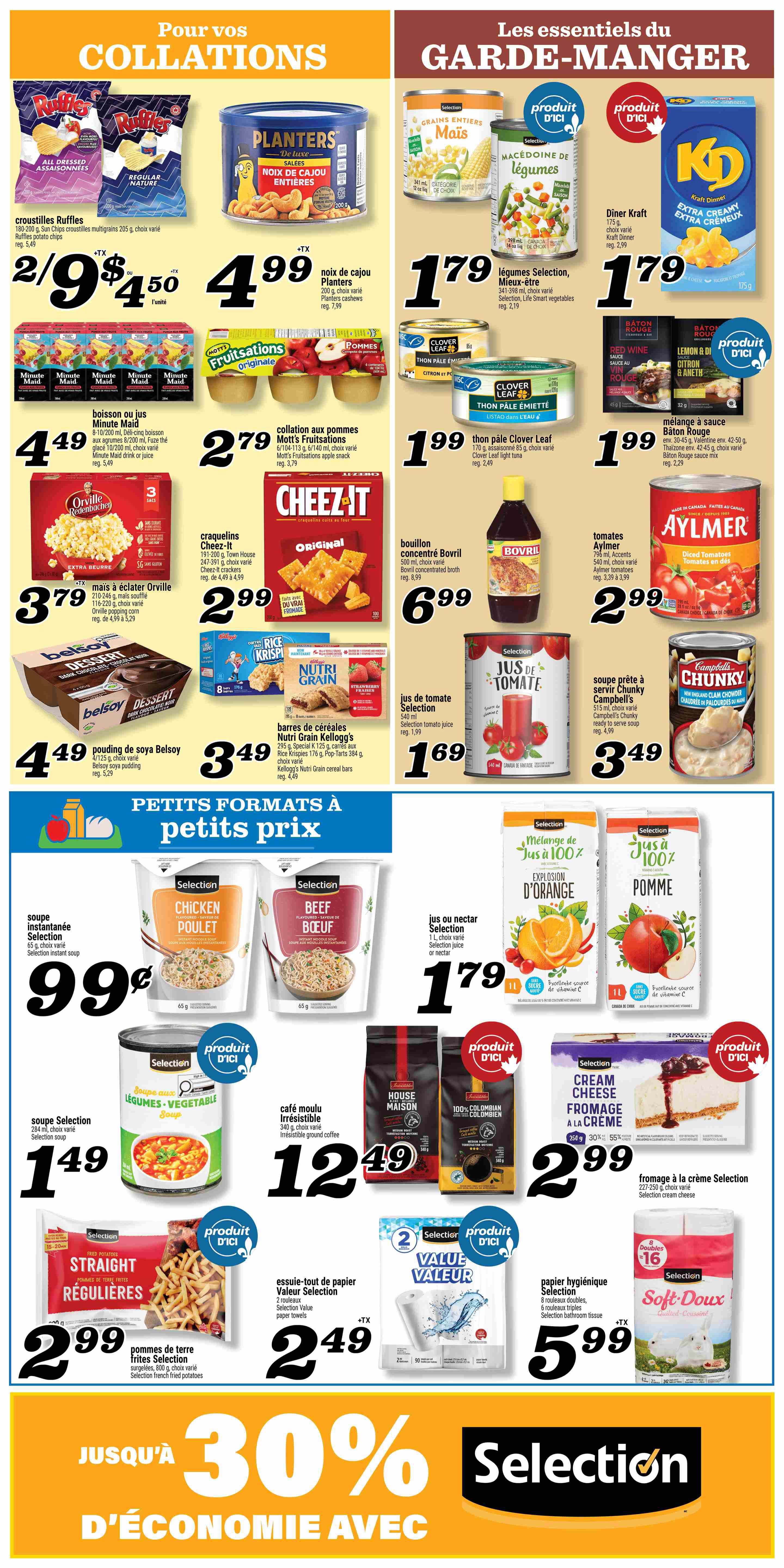 Marché Richelieu weekly flyer specials page 5 features snacks and pantry essentials. 'For your snacks' section includes Ruffles potato chips at 2 for $5.50 (regularly $5.49), Planters whole cashews for $4.99 (regularly $7.99), Minute Maid drinks or juice 8-10/200 ml for $4.49 (regularly $5.49), and Mott's Fruitsations apple snacks 6/104-113 g for $2.79 (regularly $3.79). 'Pantry essentials' section offers Selection whole kernel corn for $1.79, Selection mixed vegetables for $1.79, Kraft Dinner 175 g for $1.79 (regularly $2.99), Clover Leaf light tuna 170 g for $1.99 (regularly $2.49), and Baton Rouge sauce mixes for $1.99 (regularly $2.29). Also featured are Cheez-It crackers 191-200 g for $2.99 (regularly $4.49 to $4.99), Orville Redenbacher popping corn 210-246 g for $3.79 (regularly $4.99 to $5.29), Belsoy pudding 4/125 g for $4.49 (regularly $5.29), and Kellogg's Nutri Grain cereal bars 5/295 g for $3.49 (regularly $4.49). 'Small sizes at small prices' section includes Selection instant noodle soup 65 g for $0.99, Selection vegetable soup 284 ml for $1.49, Selection french fried potatoes 800 g for $2.99, Selection tomato juice 540 ml for $1.69 (regularly $1.99), Campbell's Chunky soup 515 ml for $3.49 (regularly $4.99), Selection cream cheese 227-250 g for $2.99, Selection juice or nectar 1 L for $1.79, and Selection bathroom tissue 8 rolls for $5.99. The bottom of the page highlights 'Up to 30% savings with Selection' on select items.