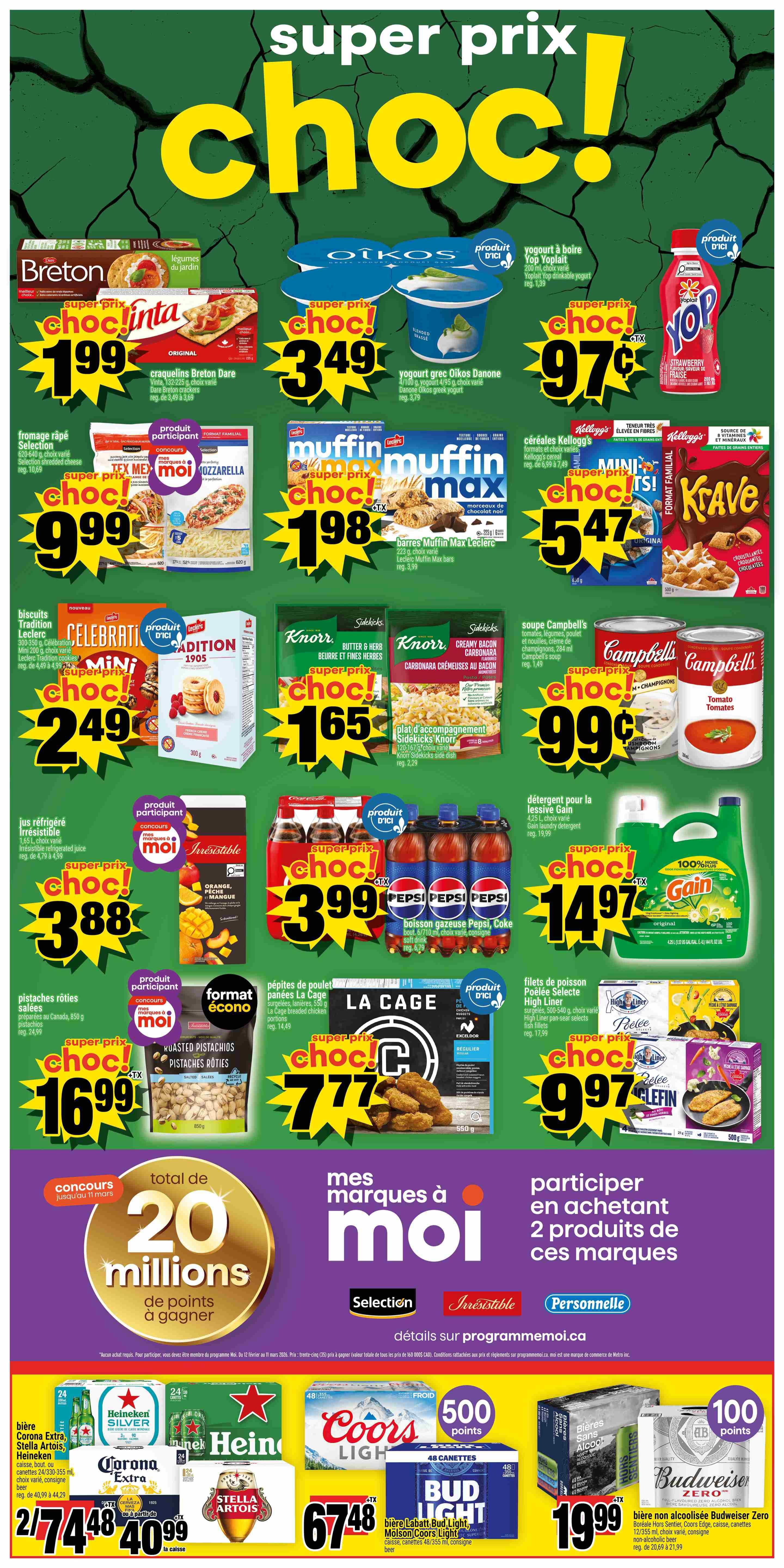 Super C weekly flyer specials page 2 features a 'Super Prix Choc!' sale. Highlights include Dare Breton crackers for $1.99, Oikos Danone Greek yogurt for $0.97, Yop drinkable yogurt for $1.39, Kellogg's cereals including Mini Wheats and Krave for $5.47, Leclerc Celebration Mini cookies for $2.49, Knorr Creamy Carbonara side dish for $1.65, Campbell's condensed soup (mushroom and tomato) for $0.99, Irresistible refrigerated juice for $3.88, Pepsi or Coke soft drinks 6x710ml for $3.99, La Cage breaded chicken portions for $7.77, Select frozen fish fillets for $9.97, and Salted roasted pistachios for $16.99. Also featured are Gain laundry detergent for $14.97. The bottom section promotes a contest with a total of 20 million points to be won, and features beer specials: Stella Artois, Corona Extra, and Heineken 24x355ml cans for $40.99 (case), Bud Light 24x355ml cans for $40.99 (case), and Budweiser Zero non-alcoholic beer 48x355ml cans for $19.99.