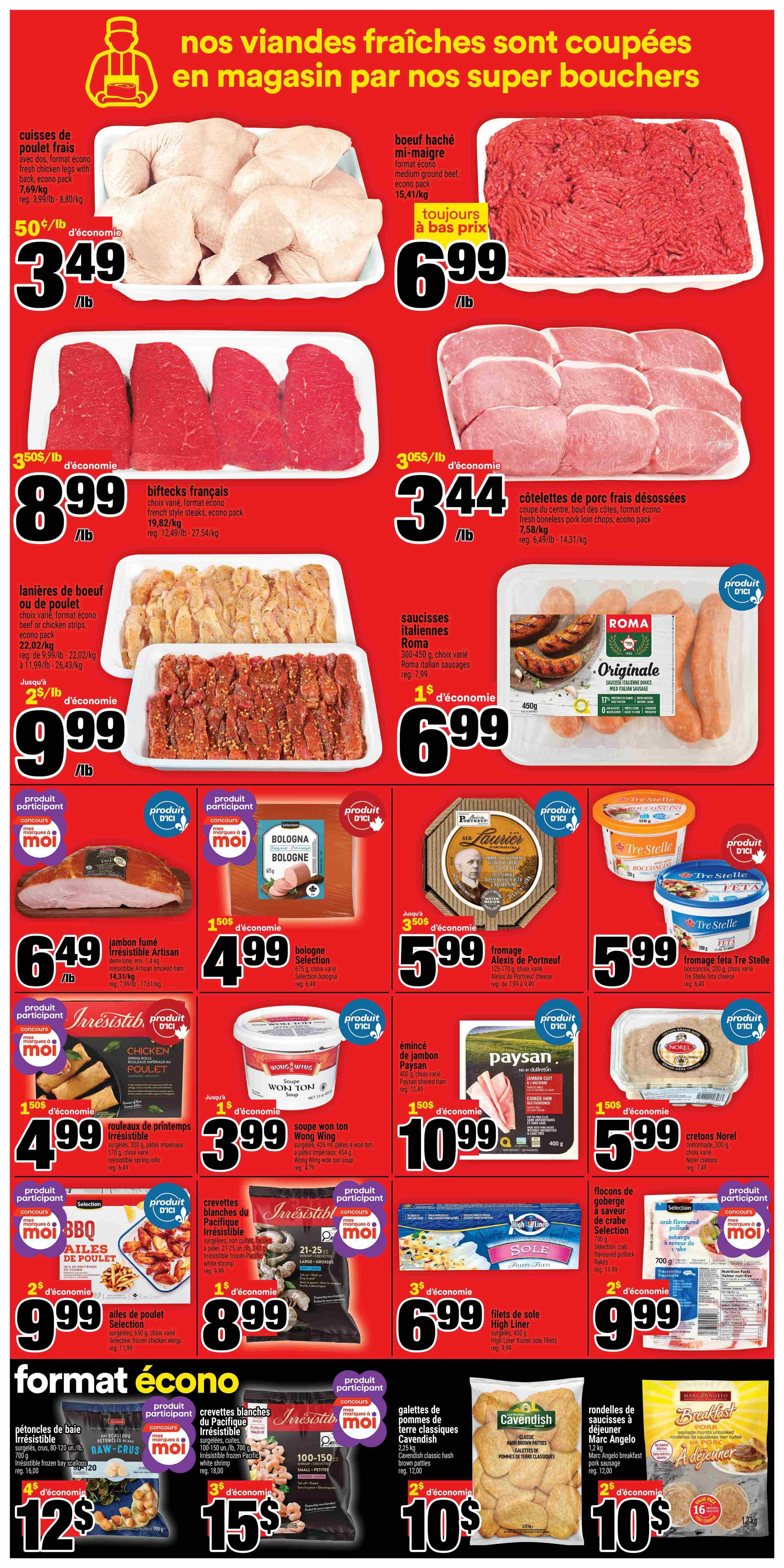 Super C weekly flyer specials page 5 features a variety of fresh meat and seafood products. Highlights include fresh chicken legs with back at $3.49/lb, medium ground beef at $6.99/lb, French style steaks at $8.99/lb, and boneless pork loin chops at $3.44/lb. Also available are beef or chicken strips for $9.99/lb, Roma mild Italian sausages for $6.99, Irresistible Artisan smoked ham for $6.49/lb, and Selection bologna for $4.99. Cheese options include Alexis de Portneuf cheese for $5.99 and Tre Stelle feta cheese for $5.99. Seafood deals include Irresistible spring rolls for $4.99, Wong Wing wonton soup for $3.99, Norel cretons for $5.99, High Liner frozen sole fillets for $6.99, Irresistible frozen Pacific white shrimp for $15, and Irresistible frozen bay scallops for $12. Additionally, Cavendish classic hash brown patties are $10, and Marc Angelo breakfast pork sausages are $10.