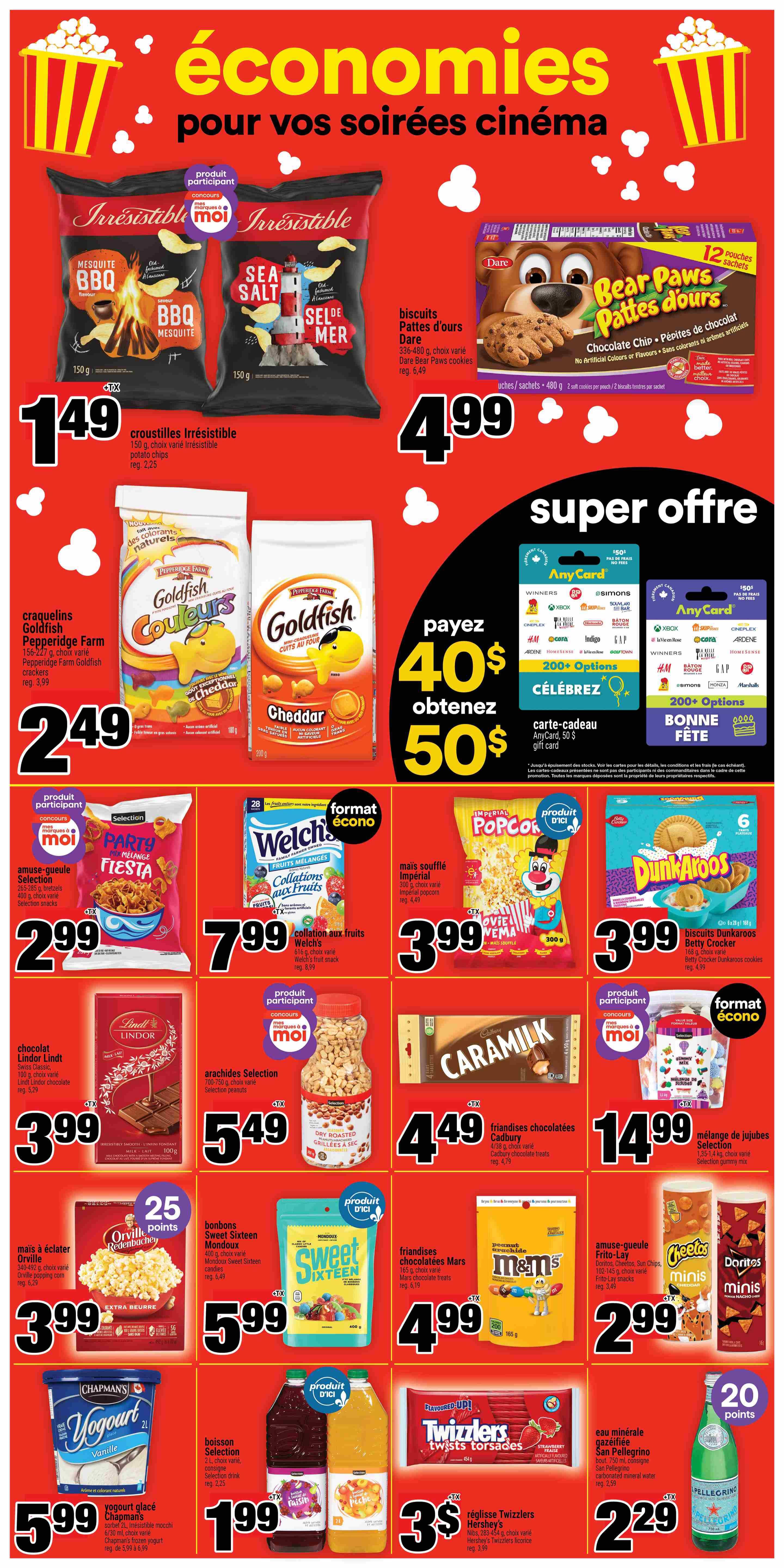 Super C weekly flyer specials page 8 features a variety of snacks and drinks. Irresistible potato chips are $1.49 for 150g. Dare Bear Paws cookies (336-480g) are $4.99. Pepperidge Farm Goldfish crackers (156-227g) are $2.49. Selection Party Mix Fiesta snacks are $2.99 for 265-285g. Welch's fruit snacks (616g) are $7.99. Imperial popcorn (300g) is $3.99. Betty Crocker Dunkaroos cookies (168g) are $3.99. Lindt Lindor chocolate bars (100g) are $3.99. Selection seasoned dry roasted peanuts (700-750g) are $5.49. Cadbury chocolate treats (4/38g) are $4.49. Selection gummy mix (1.35-1.4kg) is $14.99. Mars chocolate treats (165g) are $3.99. Orville Redenbacher popcorn (340-492g) are $5.99. Frito-Lay snacks like Doritos, Cheetos, and Sun Chips (102-145g) are $3.49. Chapman's frozen yogurt (2L) is $5.99. Selection drinks (2L) are $1.99. Hershey's Twizzlers licorice (283-454g) are $3.00. San Pellegrino carbonated mineral water (750ml) is $2.29. There are also 'Super Offre' promotions and 'AnyCard' gift card offers.