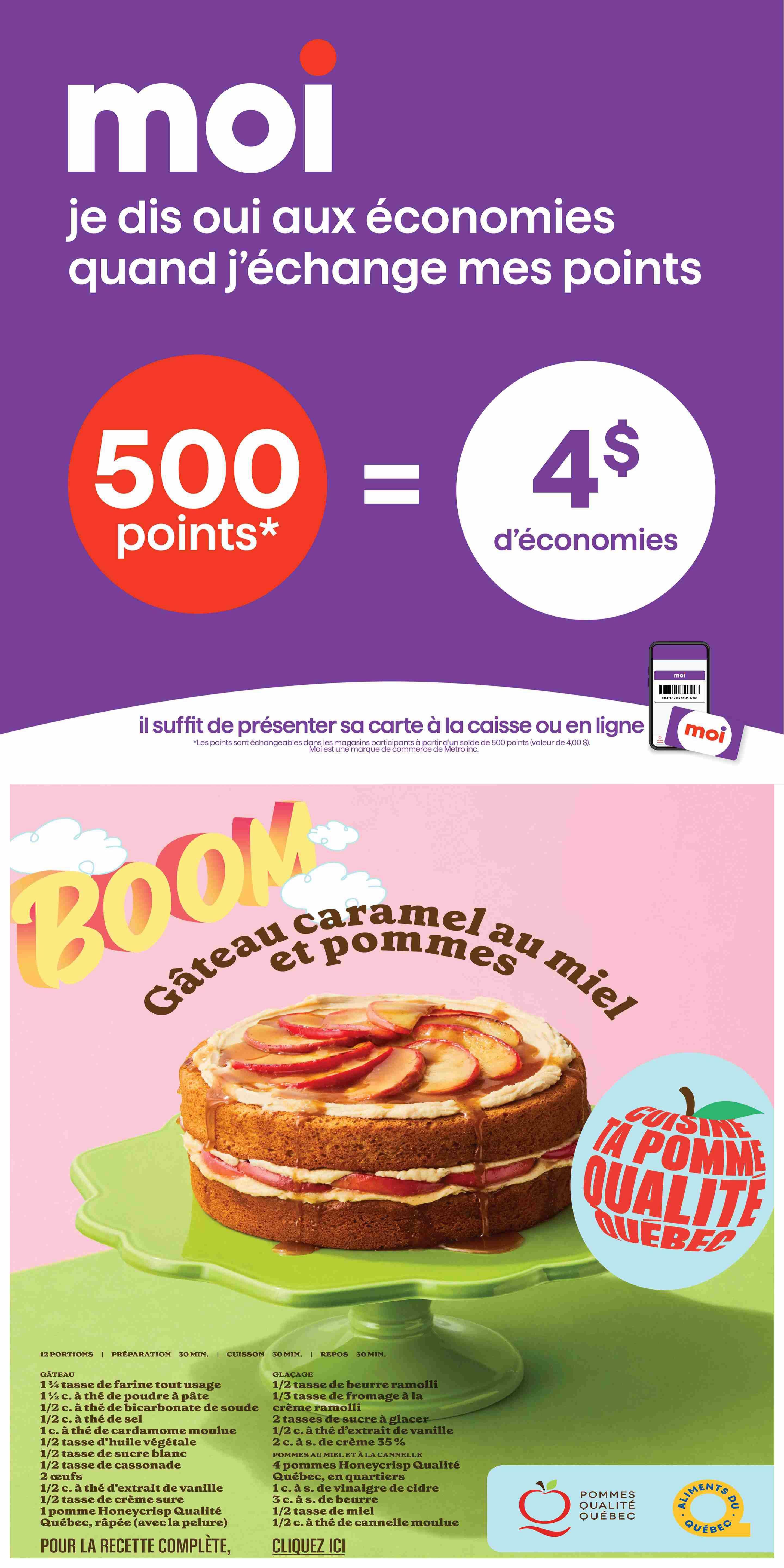 Super C flyer page featuring a recipe for Honeycrisp apple caramel cake with Quebec apples. The page highlights a Moi rewards offer: 500 points equals $4 in savings, redeemable in-store or online. The cake recipe includes ingredients like all-purpose flour, baking powder, baking soda, salt, ground cardamom, vegetable oil, white sugar, brown sugar, eggs, vanilla extract, sour cream, and 1 Honeycrisp apple from Quebec, grated. The caramel frosting requires butter, cream cheese, vanilla extract, and sugar. The apple and caramel filling uses Quebec Honeycrisp apples, cider vinegar, and honey. The page also features 'Cuisine ta pomme, Qualité Québec' (Cook your apple, Quality Quebec) and 'Aliments du Québec' logos, promoting Quebec-grown apples.