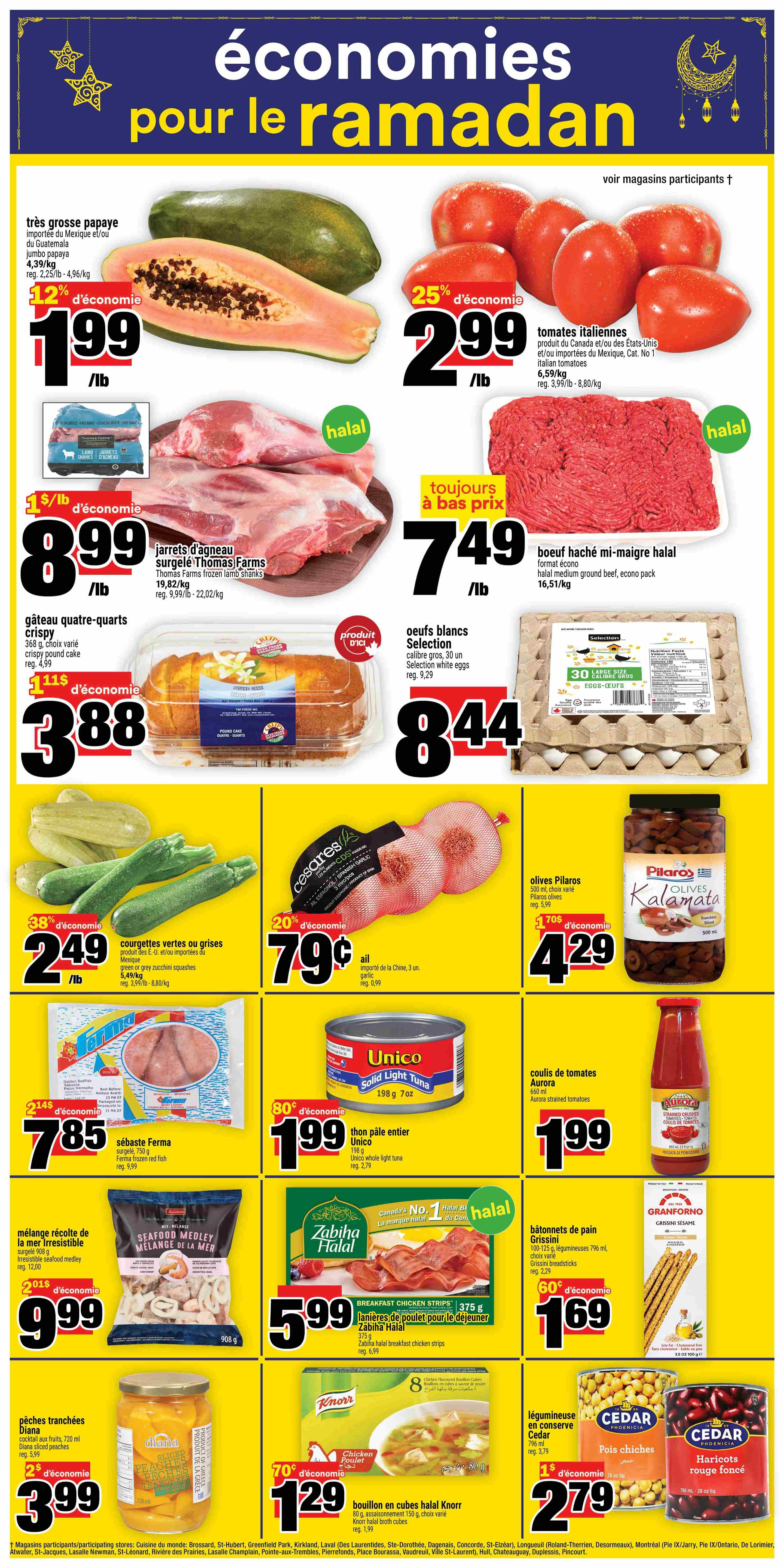Super C weekly flyer specials page 17 features a variety of food items. Jumbo papayas are on sale for $1.99/lb with a 12% saving. Italian tomatoes are 25% off, priced at $2.99/lb. Thomas Farms frozen lamb shanks are $8.99/lb, a 10% saving. Halal medium ground beef, econo pack, is available for $7.49/lb. Crispy pound cake is $3.88, a $1 saving. Selection white eggs, 30 large size, are $8.44. Green or grey zucchini squashes are $2.49/lb with a 38% saving. Spanish garlic is 79 cents/lb with a 20% saving. Pilaros sliced Kalamata olives are $4.29, a 70 cent saving. Ferma frozen red fish is $7.85, a $1.14 saving. Unico whole light tuna is $1.99, an 80 cent saving. Aurora strained crushed tomatoes are $1.99. Irresistible seafood medley is $9.99, a $2.01 saving. Zabiha Halal breakfast chicken strips are $5.99. Granforno Grissini breadsticks are $1.69, a 60 cent saving. Diana sliced peaches are $3.99, a $2 saving. Knorr chicken broth or bouillon cubes are $1.29, a 70 cent saving. Cedar chickpeas and red kidney beans are $2.79, a $1 saving.