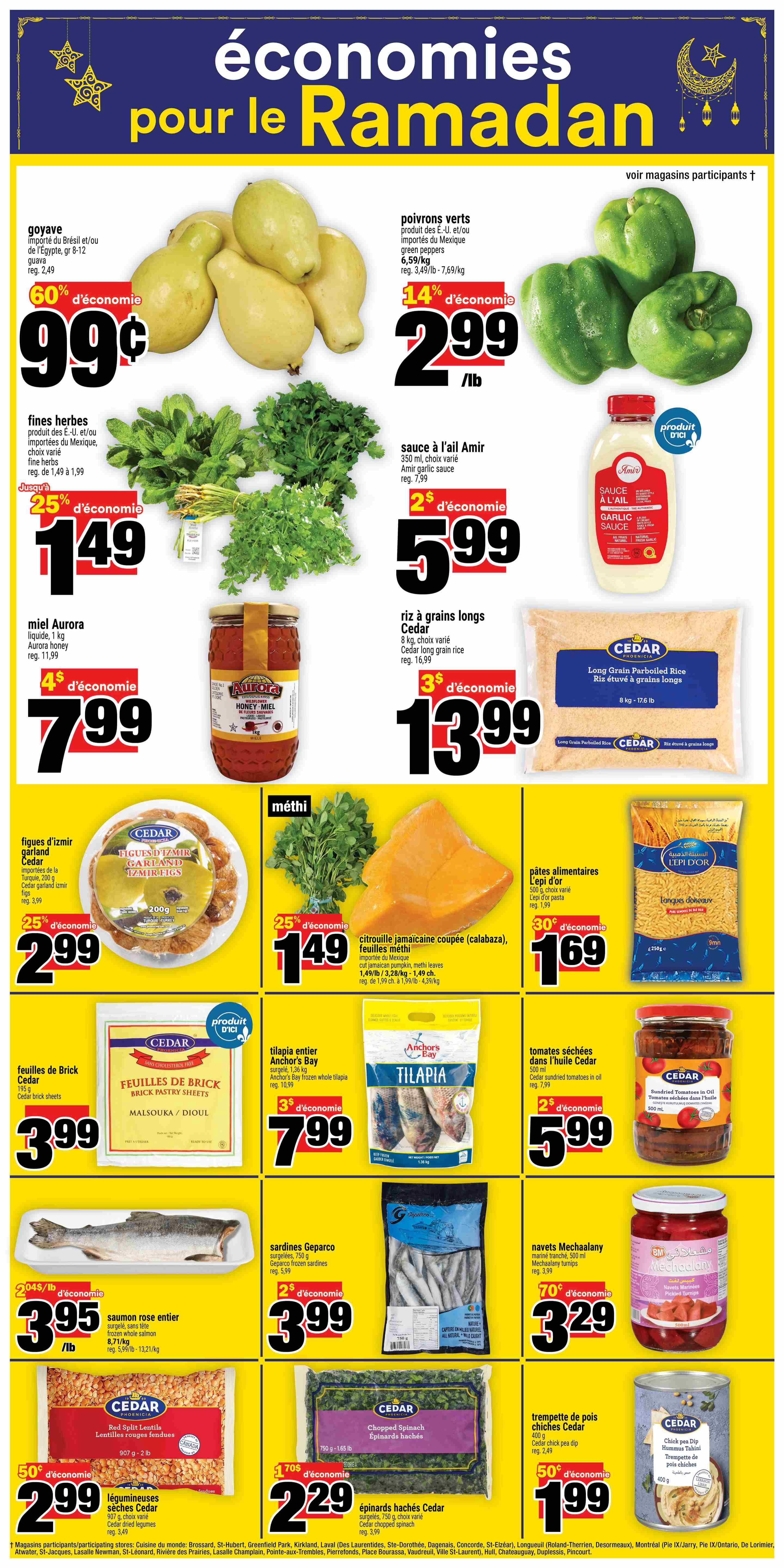 Super C weekly flyer specials page 18 features a variety of food items. Guavas are on sale for $0.99 with a 60% saving. Green peppers are priced at $2.99/lb, a 14% discount. Fresh herbs like mint and cilantro are 25% off, priced at $1.49. Aurora liquid honey, 1 kg, is $7.99, saving $4. Amir garlic sauce, 350 ml, is $5.99 with a $2 saving. Cedar long grain parboiled rice, 8 kg, is $13.99, a $3 saving. Cedar garland Izmir figs, 200 g, are $2.99, a 25% saving. Methi (fenugreek leaves) are $1.49 with a 25% saving. L'Epi d'Or pasta, 500 g, is $1.69 with a 30% saving. Cedar brick pastry sheets, 195 g, are $3.99. Anchor's Bay frozen whole tilapia, 1.36 kg, is $7.99 with a $3 saving. Cedar sundried tomatoes in oil, 500 ml, are $5.99 with a $2 saving. Frozen whole pink salmon is $3.99/lb with a $2.04/lb saving. Geparco frozen sardines, 750 g, are $3.99 with a 2% saving. Mechaalany pickled turnips, 500 ml, are $3.99 with a $0.70 saving. Cedar red split lentils, 907 g, are $2.99 with a 50% saving. Cedar chopped spinach, 750 g, is $2.29 with a $1.70 saving. Cedar chick pea dip hummus tahini, 400 g, is $1.99 with a 50% saving.