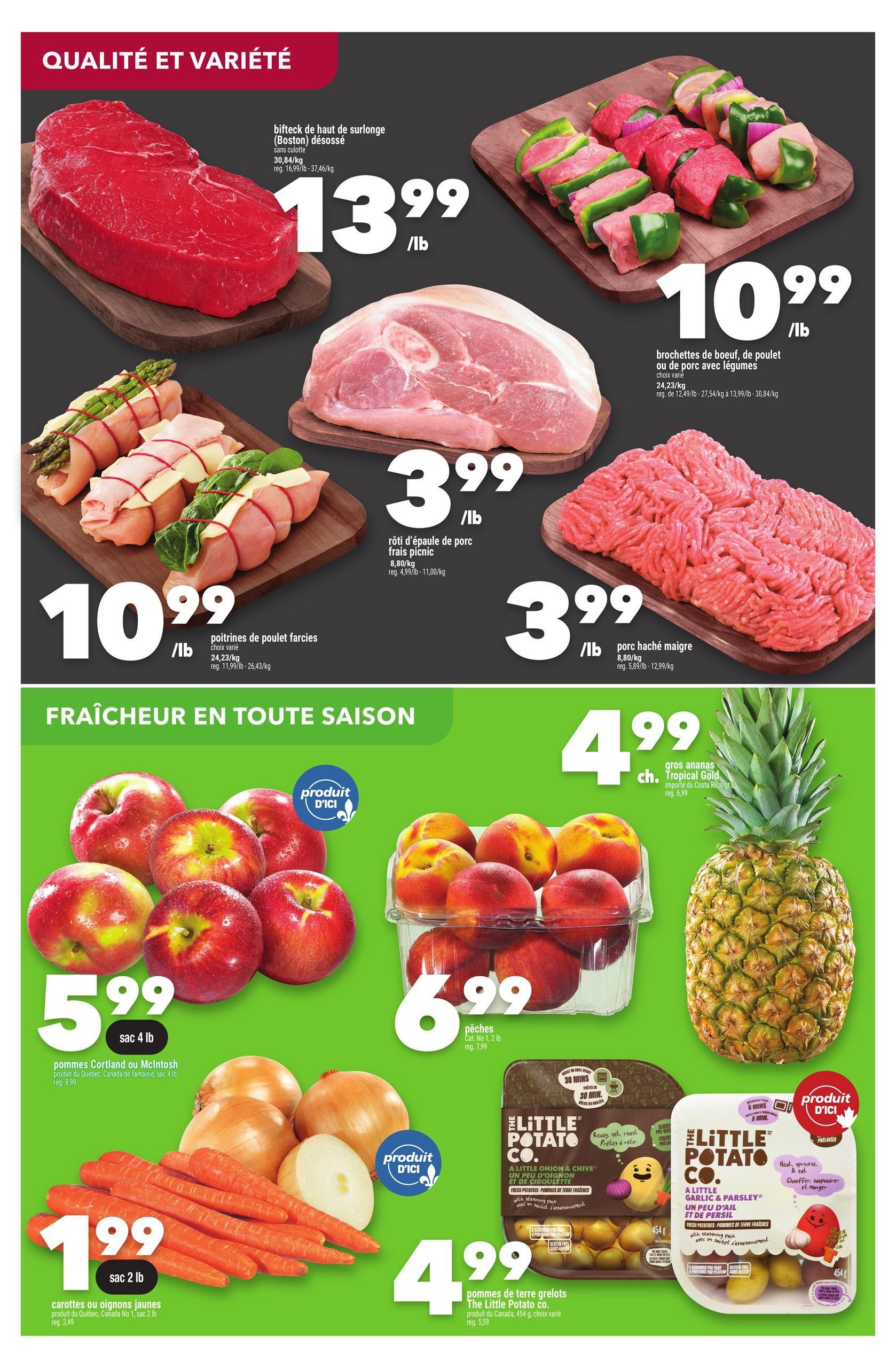 Marché Ami weekly flyer specials page 3. Top section features quality and variety meats: Boston beef steaks at $13.99/lb, beef, chicken, or pork skewers with vegetables at $10.99/lb, stuffed chicken breasts at $10.99/lb, fresh picnic pork shoulder roast at $3.99/lb, and lean ground pork at $3.99/lb. The bottom section highlights 'Freshness All Season': Cortland or McIntosh apples (4 lb bag) for $5.99, peaches (1-2 lb container) for $6.99, large Tropical Gold pineapples for $4.99, carrots or yellow onions (2 lb bag) for $1.99, and The Little Potato Co. fresh potatoes (454g bag) for $4.99.
