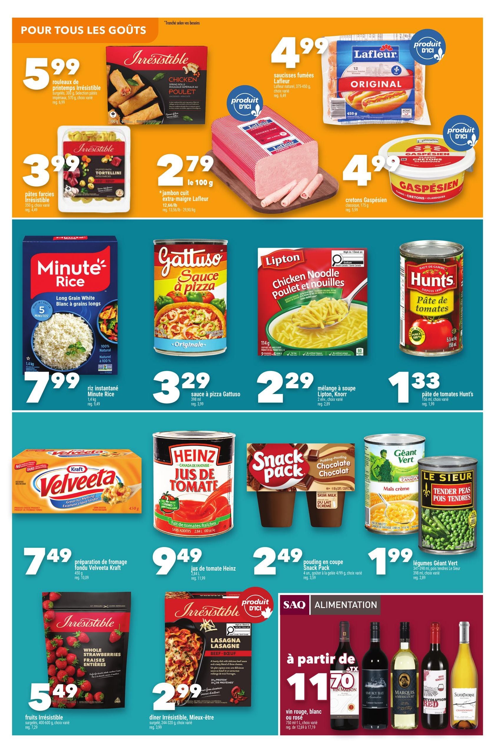 Marché Ami weekly flyer specials page 4. Featuring Irresistible frozen chicken spring rolls for $5.99, Irresistible tortellini pasta for $3.99, Lafleur cooked ham for $2.79 per 100g, Lafleur smoked sausages for $4.99, and Gaspésien classic cretons for $4.99. Also available is Minute Rice long grain white rice for $7.99, Gattuso pizza sauce for $3.29, Lipton Knorr chicken noodle soup mix for $2.29, and Hunt's tomato paste for $1.33. Additional offers include Kraft Velveeta cheese sauce for $7.49, Heinz tomato juice for $9.49, Snack Pack chocolate pudding cups for $2.49, and Giant Vert tender peas for $1.99. Irresistible whole frozen strawberries are $5.49, and Irresistible beef lasagna is $2.99. Finally, SAQ Alimentation offers red, white, or rosé wine starting at $11.70.