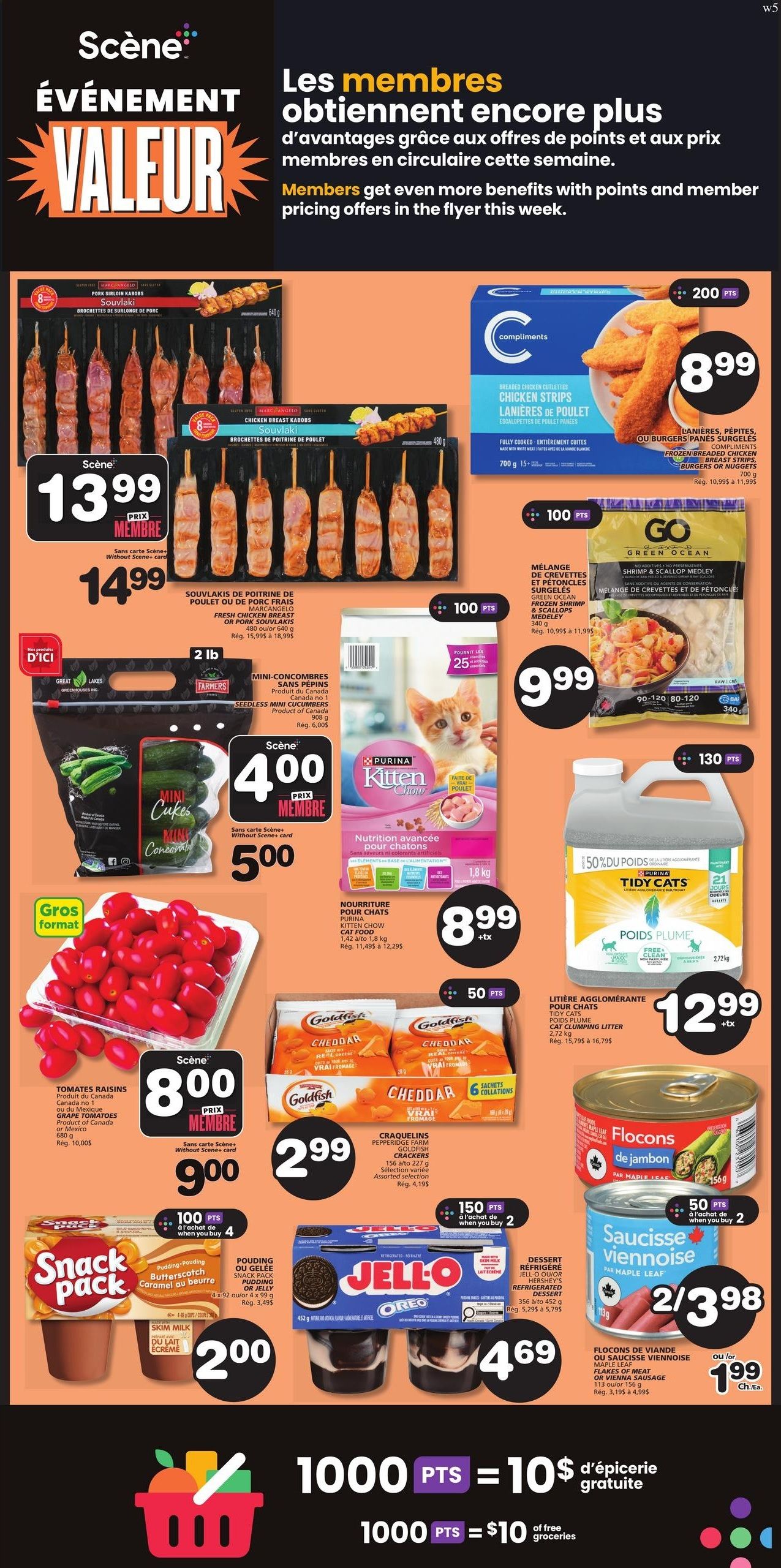 Marchés Tradition flyer page 9 features member value specials. Highlights include Marc Angelo Pork Sirloin Kabobs Souvlaki for $13.99 (member price) or $14.99, and Chicken Breast Kabobs Souvlaki for $13.99 (member price) or $14.99. Compliments Chicken Strips, Lanieres de Poulet, or Burgers/Nuggets are $8.99. Go Green Ocean Shrimp & Scallop Medley is $9.99. Great Lakes Greenhouse Mini Cucumbers are $4.00 (member price) or $5.00. Purina Kitten Chow Cat Food (1.42 kg) is $8.99 plus tax. Compliments Tidy Cats Clumping Litter (2.72 kg) is $12.99 plus tax. Maple Leaf Vienna Sausage or Flocons de Jambon (156 g) is 2 for $3.98 or $1.99 each. Goldfish Crackers (156 g) are $2.99. Snack Pack Butterscotch Pudding or Jello (4 x 92 g or 4 x 99 g) is $2.00. Grape Tomatoes (680 g) are $8.00 (member price) or $9.00. Also featured are Jell-O Oreo Pudding Snacks (452 g) for $4.69. Earn Scene+ points on select purchases: 200 points with Compliments Chicken Strips, 100 points with Go Green Ocean Medley, 130 points with Tidy Cats Litter, 50 points with Goldfish Crackers, 150 points when you buy 2 Jell-O Oreo, and 50 points when you buy 2 Maple Leaf Vienna Sausage. Collect 1000 Scene+ points for $10 of free groceries.