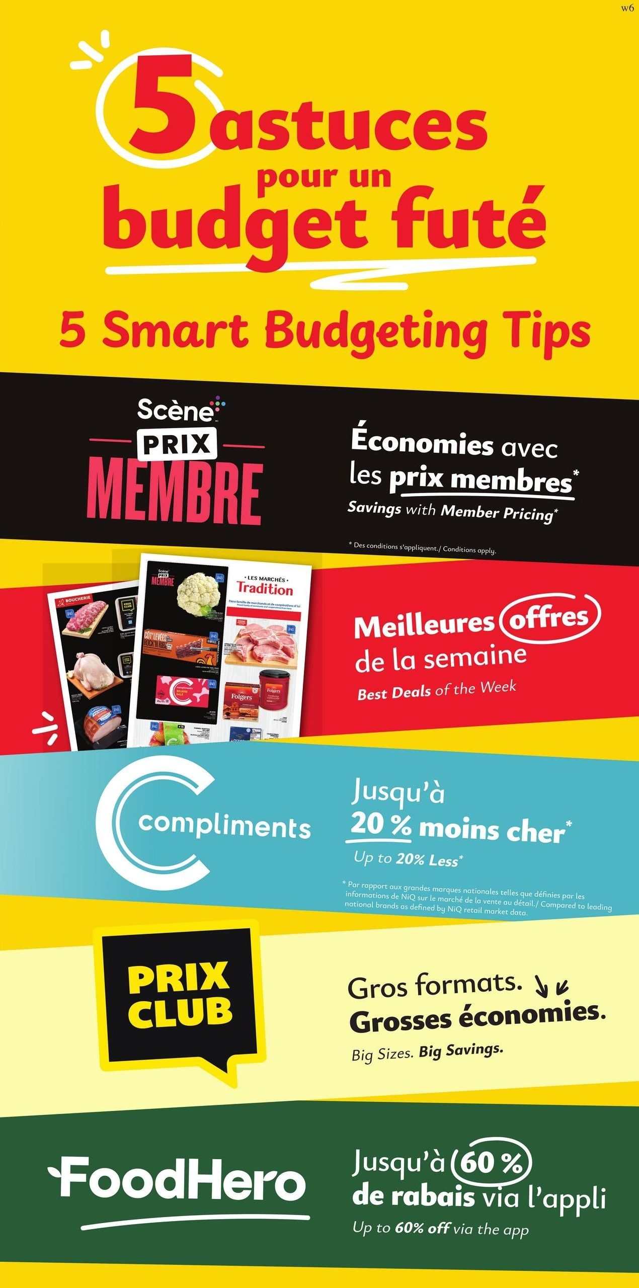 Marchés Tradition flyer page 10 features '5 Smart Budgeting Tips'. It highlights 'Savings with Member Pricing' and 'Best Deals of the Week'. Featured products include various cuts of meat like pork chops and lamb, whole chickens, ham, and Folgers coffee. There's also a promotion for 'Compliments' brand items offering 'Up to 20% Less'. The page promotes 'Big Sizes. Big Savings.' and a 'FoodHero' offer for 'Up to 60% off via the app'.