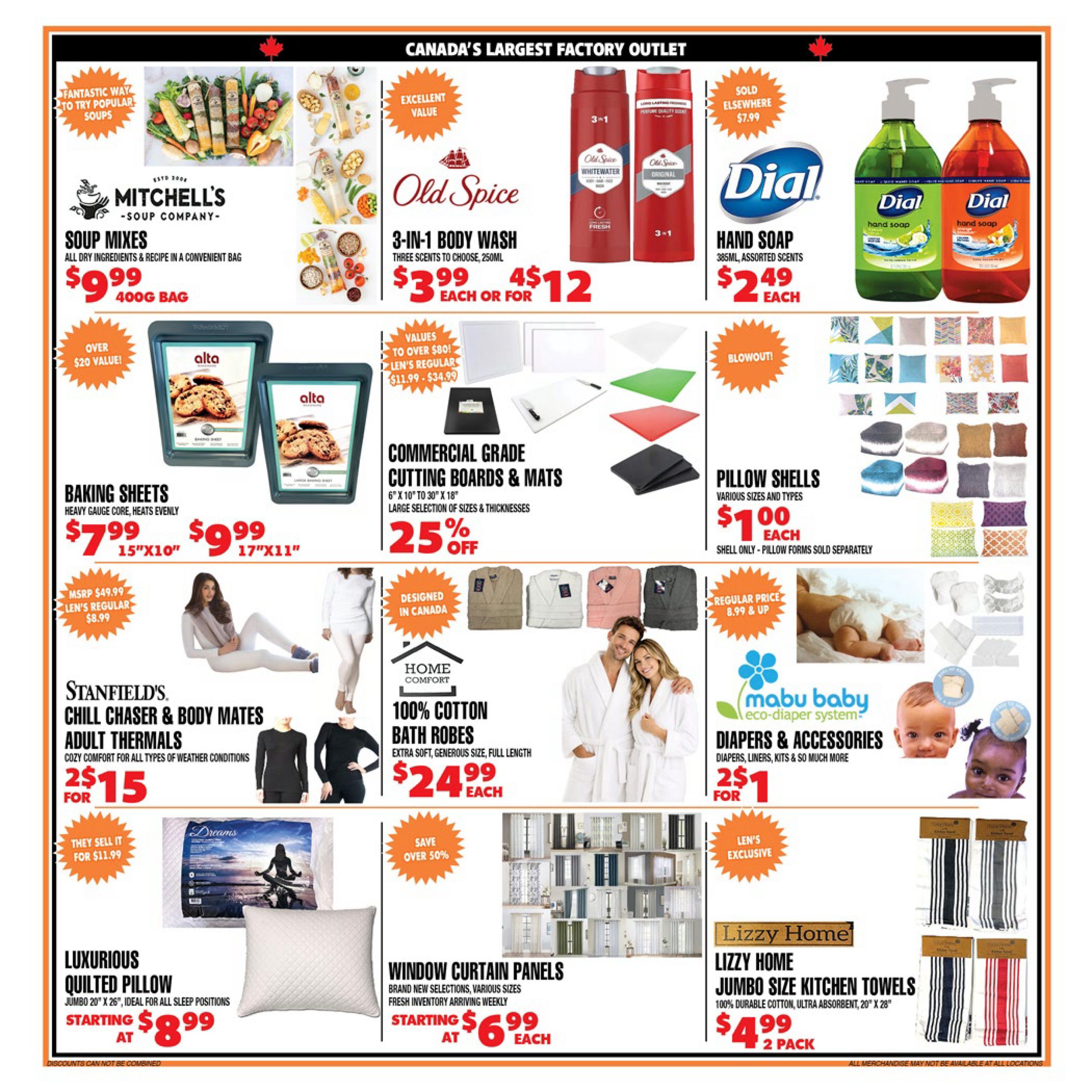 Len's Mill Stores flyer specials page 2 features Mitchell's Soup Mixes for $3.99 per 400g bag. Old Spice 3-in-1 Body Wash is available for $3.99 each or 4 for $12. Dial Hand Soap is priced at $2.49 each. Alta Baking Sheets are $7.99 for 15'x10' and $9.99 for 17'x11'. Commercial Grade Cutting Boards & Mats are 25% off, with values to over $80. Pillow Shells are $1.00 each in various sizes and types. Stanfield's Chill Chaser & Body Mates Adult Thermals are 2 for $15. Home Comfort 100% Cotton Bath Robes are $24.99 each. Mabu Baby eco-diaper system diapers and accessories are 2 for $1. Luxurious Quilted Pillows (Jumbo 20'x26') start at $8.99. Window Curtain Panels are starting at $6.99 each. Lizzy Home Jumbo Size Kitchen Towels (100% durable cotton, ultra absorbent, 20'x28') are $4.99 for a 2 pack.