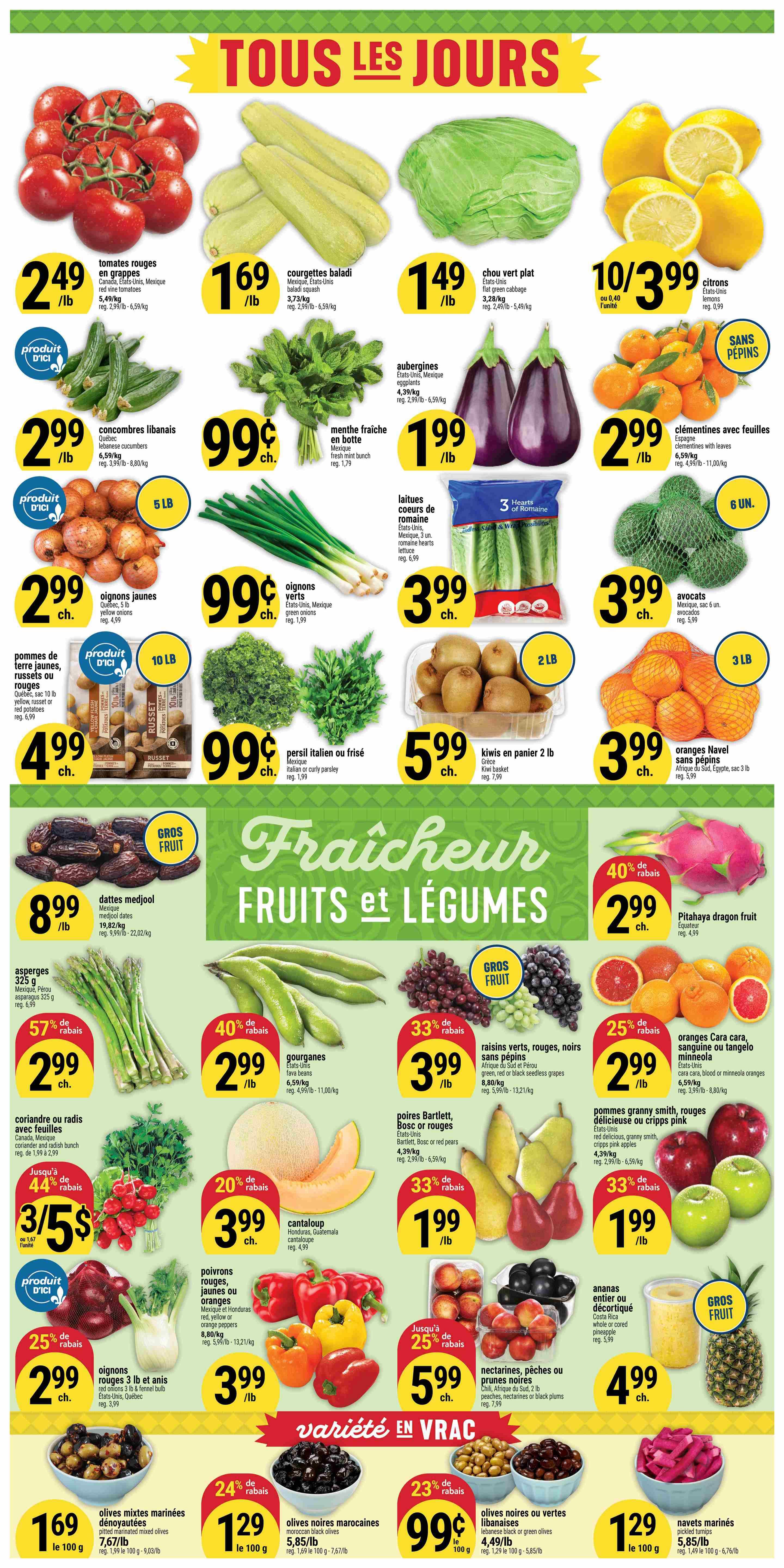 Adonis weekly flyer specials page 4 features a wide variety of fresh fruits and vegetables. Highlights include red vine tomatoes at $2.49/lb, baladi zucchini at $1.69/lb, flat green cabbage at $1.49/lb, and lemons at 10 for $3.99 or $0.40 each. Also featured are Lebanese cucumbers for $2.99/lb, fresh mint bunches for $0.99 each, eggplants for $1.99/lb, and seedless clementines with leaves for $2.99/lb. On sale are 5 lb yellow onions for $2.99 each, green onions for $0.99 each, and 10 lb bags of yellow, russet, or red potatoes for $4.99 each. Italian or curly parsley is $0.99 each. Avocados are $3.99 each (6 count bag). Kiwi baskets (2 lb) are $5.99 each. Navel oranges are $3.99/lb. Medjool dates are $8.99/lb. Asparagus (325g) is 57% off, priced at $2.99. Fava beans are 40% off at $2.99/lb. Red, green, or black seedless grapes are 33% off at $3.99/lb. Cara Cara, blood, or minneola oranges are 25% off at $2.99/lb. Cilantro or radish with leaves are on special with up to 44% off, priced at 3 lbs for $5 or $1.67 each. Cantaloupe is 20% off at $3.99 each. Peaches, nectarines, or black plums are up to 25% off at $5.99 each. Bartlett, Bosc, or red pears are 33% off at $1.99/lb. Red, delicious, granny smith, or pink cripps apples are 33% off at $1.99/lb. Pitted marinated mixed olives are $1.69 per 100g. Moroccan black olives are 24% off at $1.29 per 100g. Lebanese black or green olives are 23% off at $0.99 per 100g. Marinated turnips are $1.29 per 100g. Red, yellow, or orange peppers are $3.99/lb.
