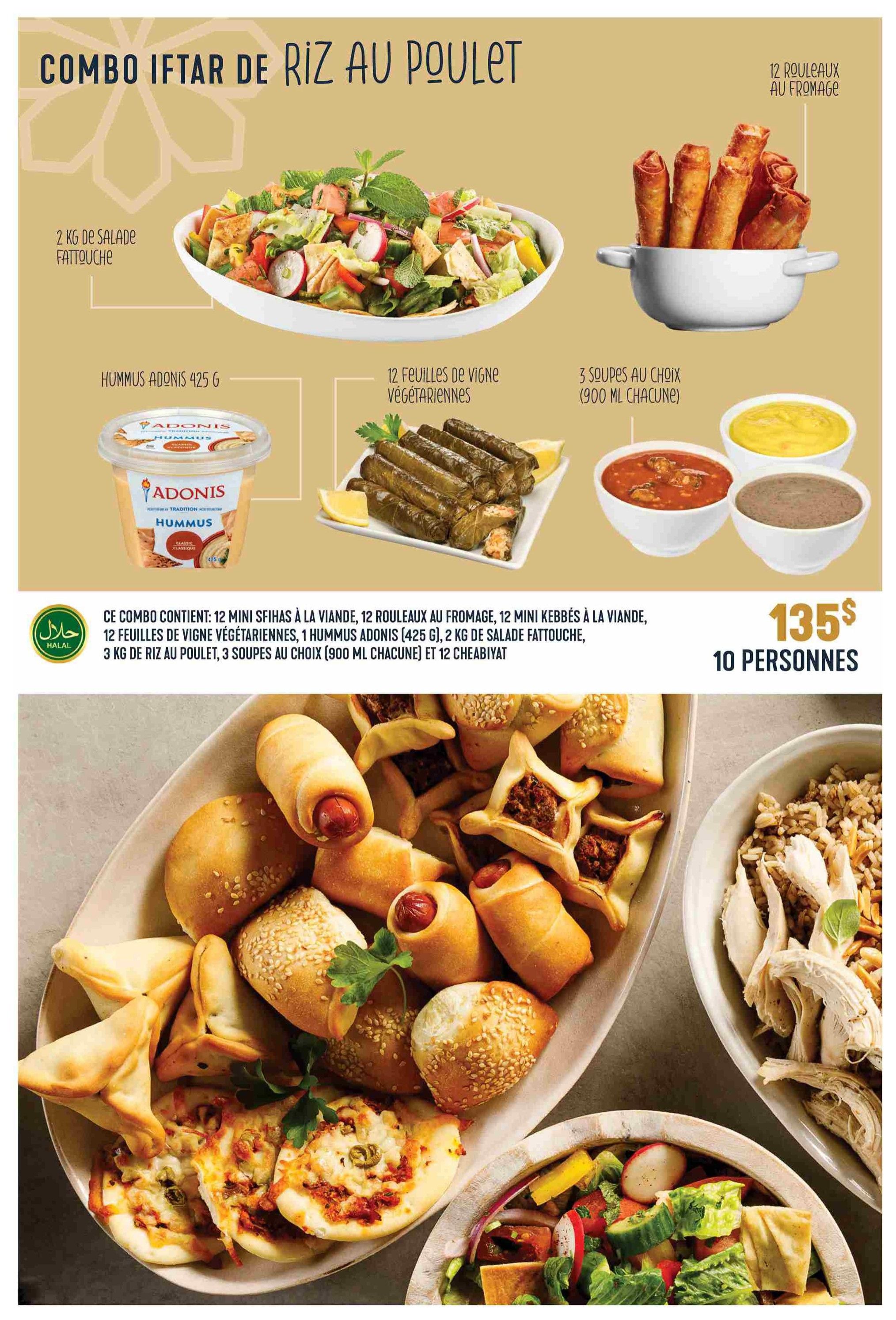 Adonis flyer page 18 features a Combo Iftar de Riz au Poulet (Chicken Rice Combo) for 10 people, priced at $135. The combo includes: 12 mini sfihas with meat, 12 cheese rolls, 12 mini kebabs with meat, 12 vegetarian grape leaves, 1 container (425g) of Adonis hummus, 2 kg of fattoush salad, 3 soups of your choice (900 ml each), and 12 chebiyats. The page also displays images of the included items: a large bowl of fattoush salad, a bowl of cheese rolls, a plate of stuffed grape leaves, three bowls of soup, and a platter of assorted appetizers including mini pizzas, sfihas, and sausage rolls, alongside a serving of chicken and rice.