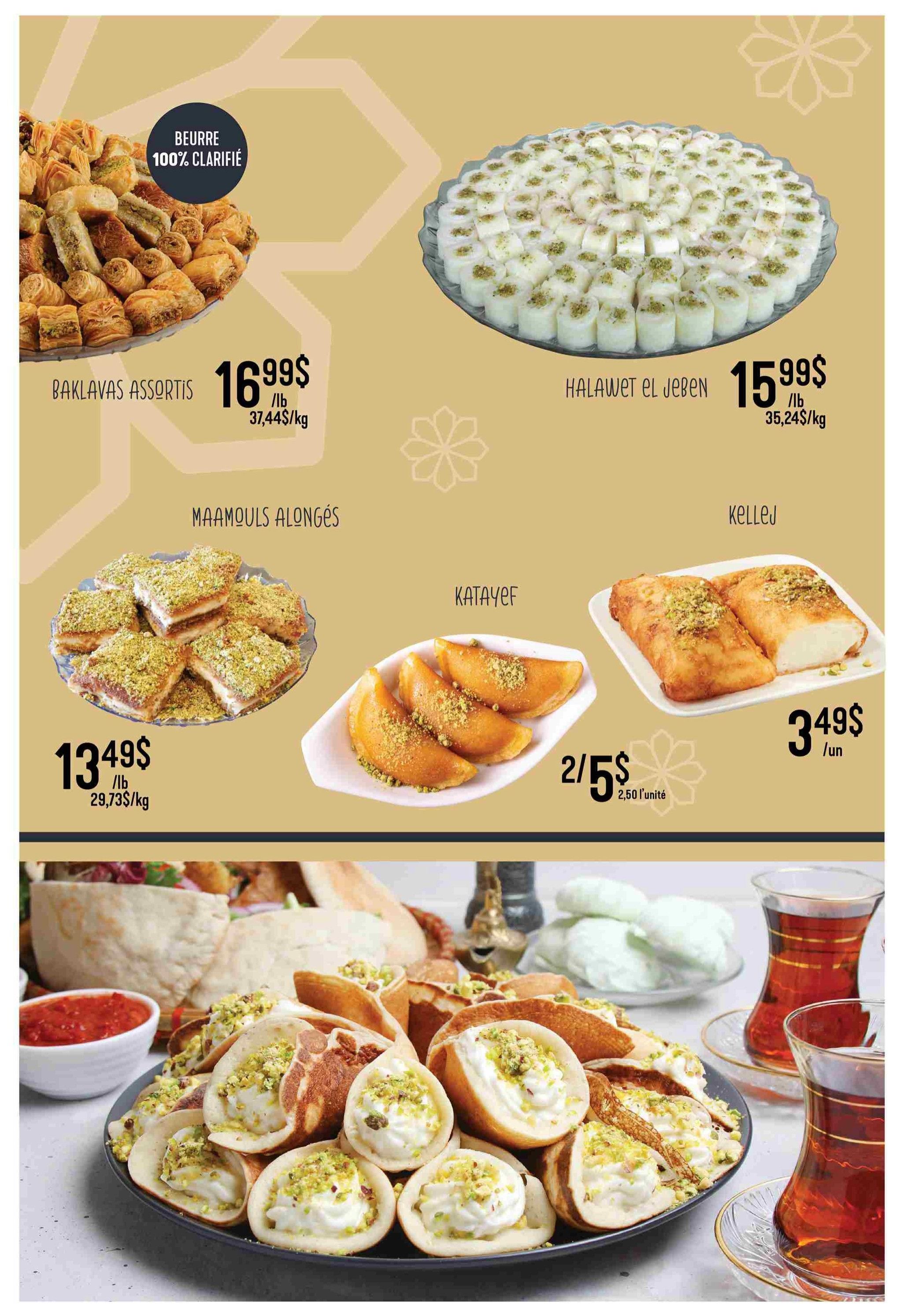 Adonis Weekly Flyer Specials, Page 23. Featured Middle Eastern desserts include Assorted Baklava for $16.99/lb, Halawet El Jeben for $15.99/lb, Maamouls Alonges for $13.49/lb, and Katayef for 2 for $5.00 ($2.50 each). Also shown are Kellej pastries for $3.49 each, and a large platter of assorted stuffed pastries with pistachios, served with tea and a side of sauce.