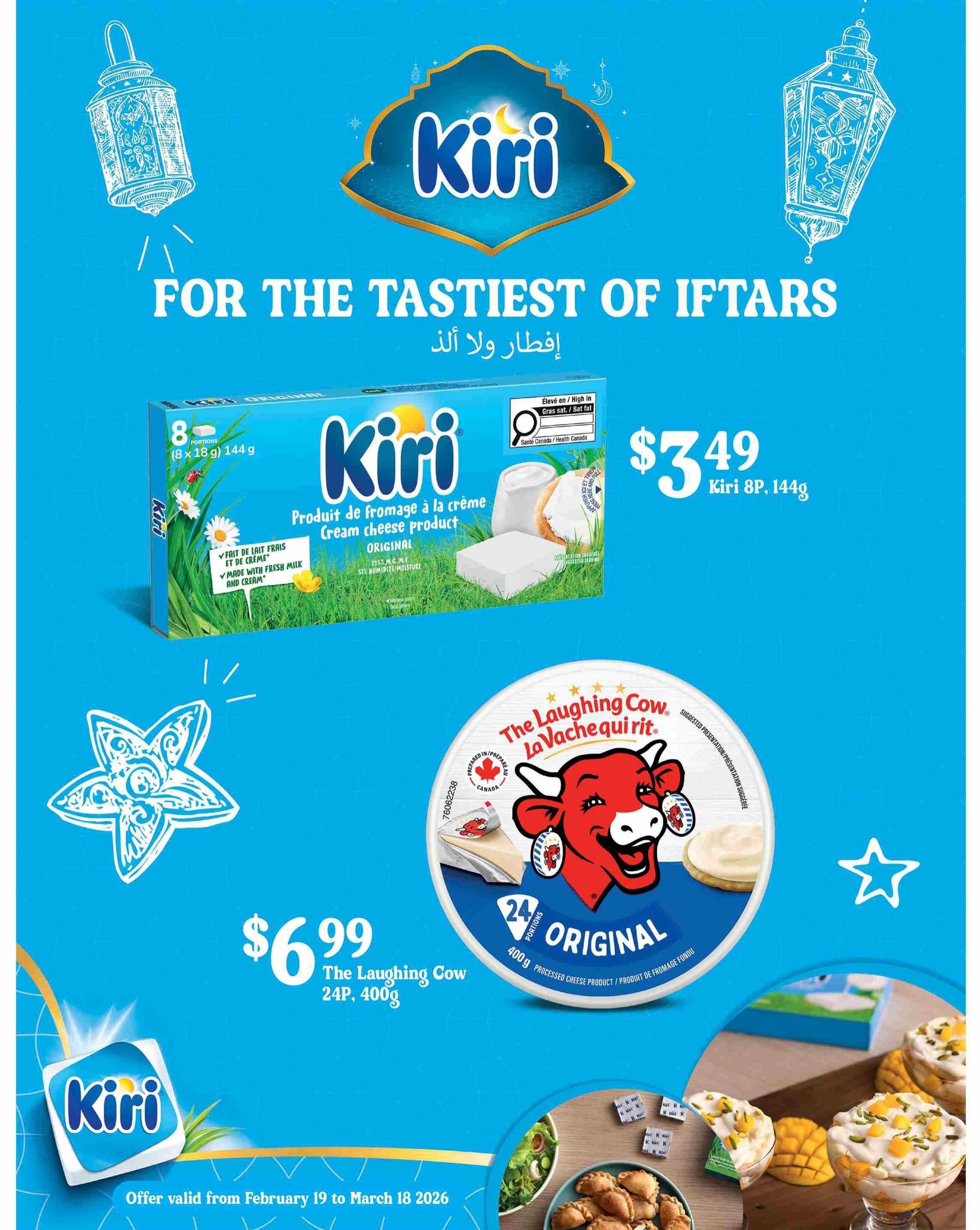 Adonis Ontario weekly flyer specials page 10 features Kiri cream cheese product, original flavour, 8 portions (8 x 18g) 144g for $3.49. Also featured is The Laughing Cow original processed cheese product, 24 portions, 400g for $6.99. The flyer is valid from February 19 to March 18, 2026.
