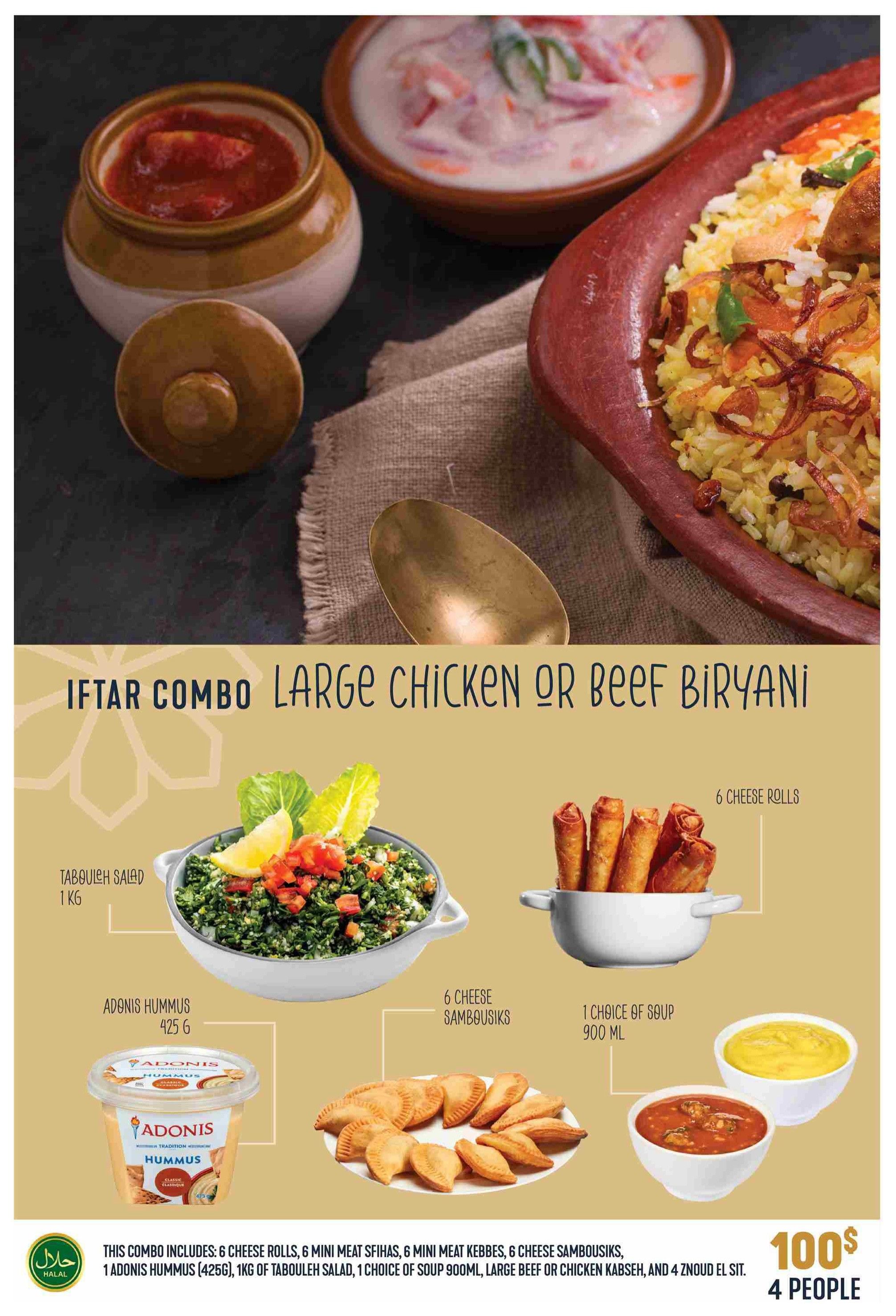 Adonis flyer page 15 features an Iftar Combo for $100, serving 4 people. The combo includes a large chicken or beef biryani, 1kg of tabouleh salad, Adonis hummus (425g), 6 cheese rolls, 6 mini meat sfihas, 6 mini meat kebbes, 6 cheese sambousiks, 1 choice of 900ml soup, large beef or chicken kabseh, and 4 znoud el sit. The image displays the biryani, tabouleh salad, hummus, cheese rolls, sambousiks, and two bowls of soup.