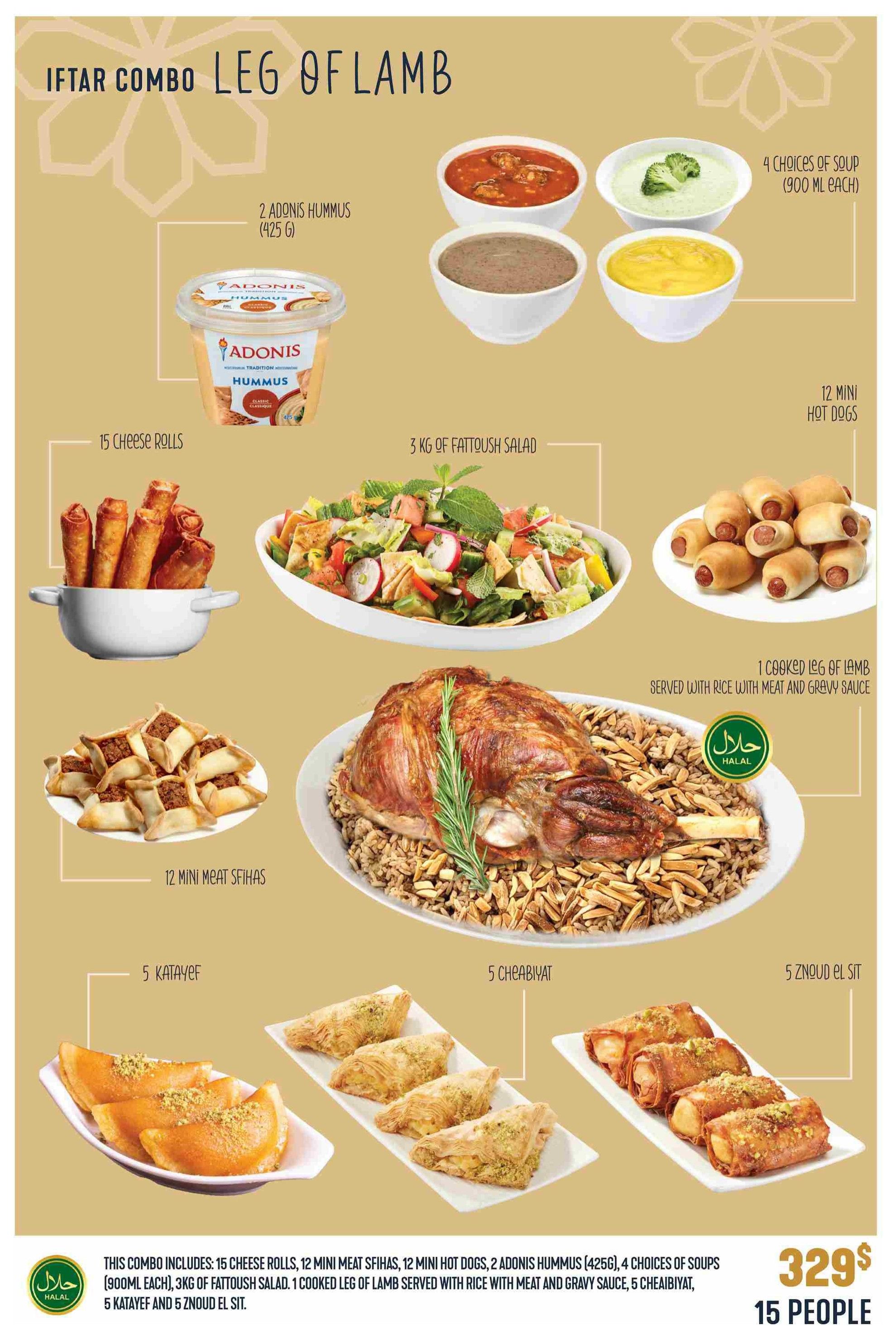 Adonis flyer specials page featuring an Iftar Combo Leg of Lamb for 15 people priced at $329. The combo includes: 15 cheese rolls, 12 mini meat sfiha, 12 mini hot dogs, 2 containers of Adonis Hummus (425g each), 4 choices of soup (900ml each), 3kg of Fattoush Salad, 1 cooked leg of lamb served with rice with meat and gravy sauce, 5 Katayef, and 5 Znoud el Sit. All items are Halal certified.