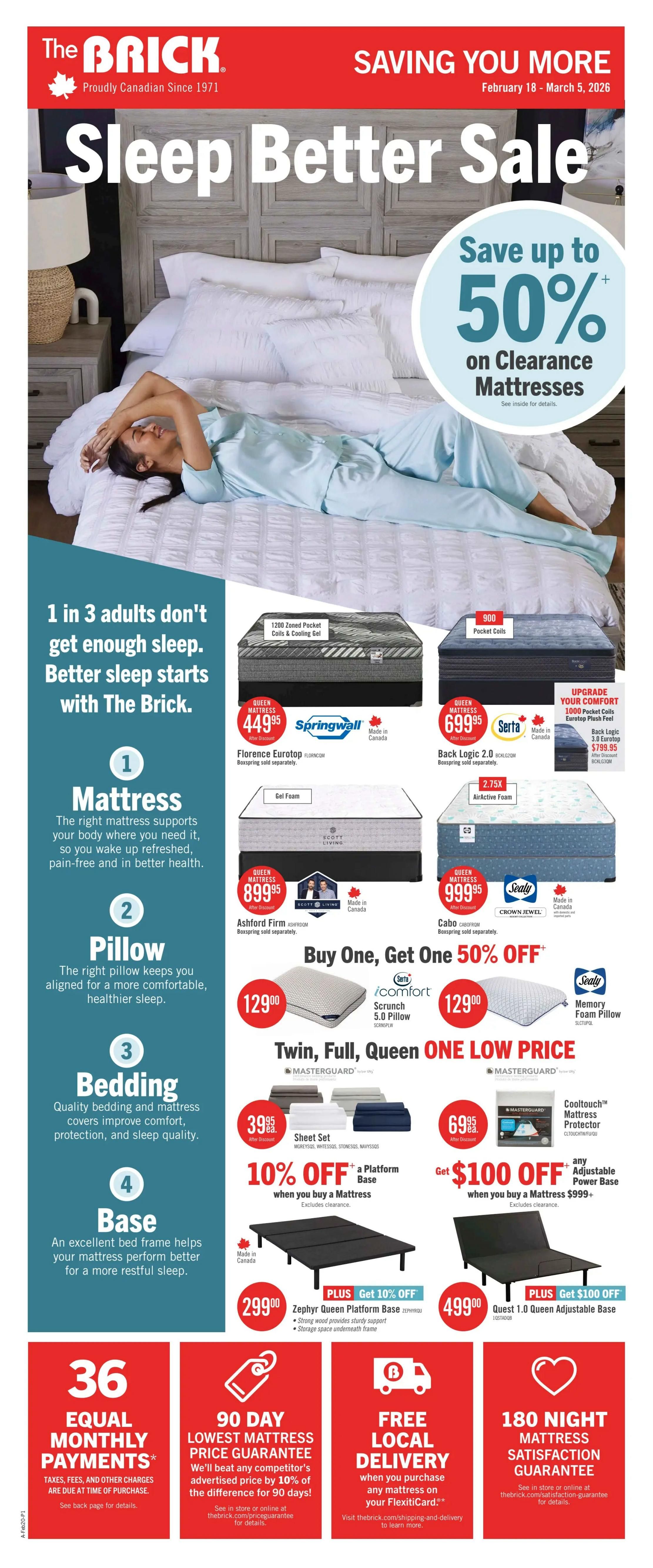 The Brick Sleep Better Sale flyer, page 3 of 20, featuring savings on mattresses, pillows, bedding, and bases. Save up to 50% on clearance mattresses. Featured mattresses include the Queen Florence Eurotop Springwall for $449.95, the Queen Serta Back Logic 2.0 Eurotop for $699.95, the Queen Ashford Firm for $899.95, and the Queen Sealy Crown Jewel for $999.95. Buy one mattress, get one 50% off. Also available are Serta iComfort Scrunch 5.0 Pillows for $129.00 and Sealy Memory Foam Pillows for $129.00. Sheet sets are $39.95 each. Get 10% off a platform base when you buy a mattress. The Zephyr Queen Platform Base is $299.00 and the Quest 1.0 Queen Adjustable Base is $499.00. Get $100 off any adjustable power base when you buy a mattress $999+. Additional offers include 36 equal monthly payments, a 90-day lowest mattress price guarantee, free local delivery on any mattress purchase with your FlexitiCard, and a 180-night mattress satisfaction guarantee. Sale runs February 18 - March 5, 2026.