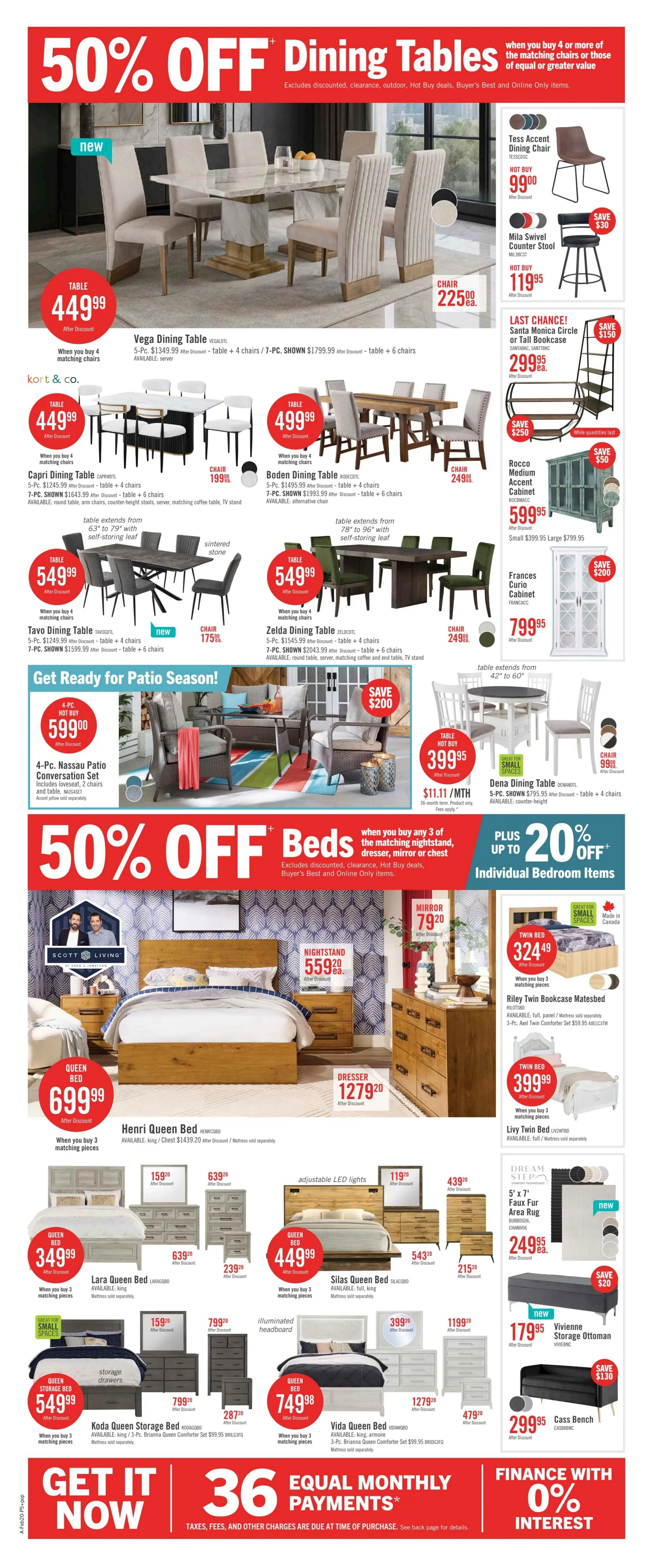 The Brick flyer page 12 features 50% off dining tables and beds. Dining table sets include the Vega Dining Table for $449.99 (table only), the Kort & Co. Capri Dining Table set for $449.99 (table + 4 chairs), the Boden Dining Table set for $499.99 (table + 4 chairs), the Tavo Dining Table set for $549.99 (table + 4 chairs), and the Zelda Dining Table set for $549.99 (table + 4 chairs). Chairs are available separately, with the Tess Accent Dining Chair for $99.00 and the Mila Swivel Counter Stool for $119.95. Other dining furniture includes the Santa Monica Circle or Tall Bookcase for $299.95 (save $150), and the Rocco Medium Accent Cabinet for $599.95 (save $50). The 'Get Ready for Patio Season!' section highlights the 4-Pc. Nassau Patio Conversation Set for $599.00. The '50% Off Beds' promotion includes the Henri Queen Bed set starting at $699.99 (when you buy 3 matching pieces), the Lara Queen Bed set for $349.99 (when you buy 3 matching pieces), the Silas Queen Bed set starting at $449.99 (when you buy 3 matching pieces), and the Koda Queen Storage Bed for $549.99. Other bedroom items include a mirror for $159.20, a dresser for $639.20, and a nightstand for $239.20. The Vida Queen Bed set starts at $749.98. Also featured is the Riley Twin Bookcase Mates Bed for $324.49 (when you buy 3 matching pieces) and the Livvy Twin Bed for $399.99. Additional bedroom savings include up to 20% off individual bedroom items. The 5' x 7' Faux Fur Area Rug is $249.95. The Vivienne Storage Ottoman is $179.95 (save $20), and the Cass Bench is $299.95 (save $130). The page also promotes 'Get It Now' with 36 equal monthly payments and 'Finance with 0% Interest.