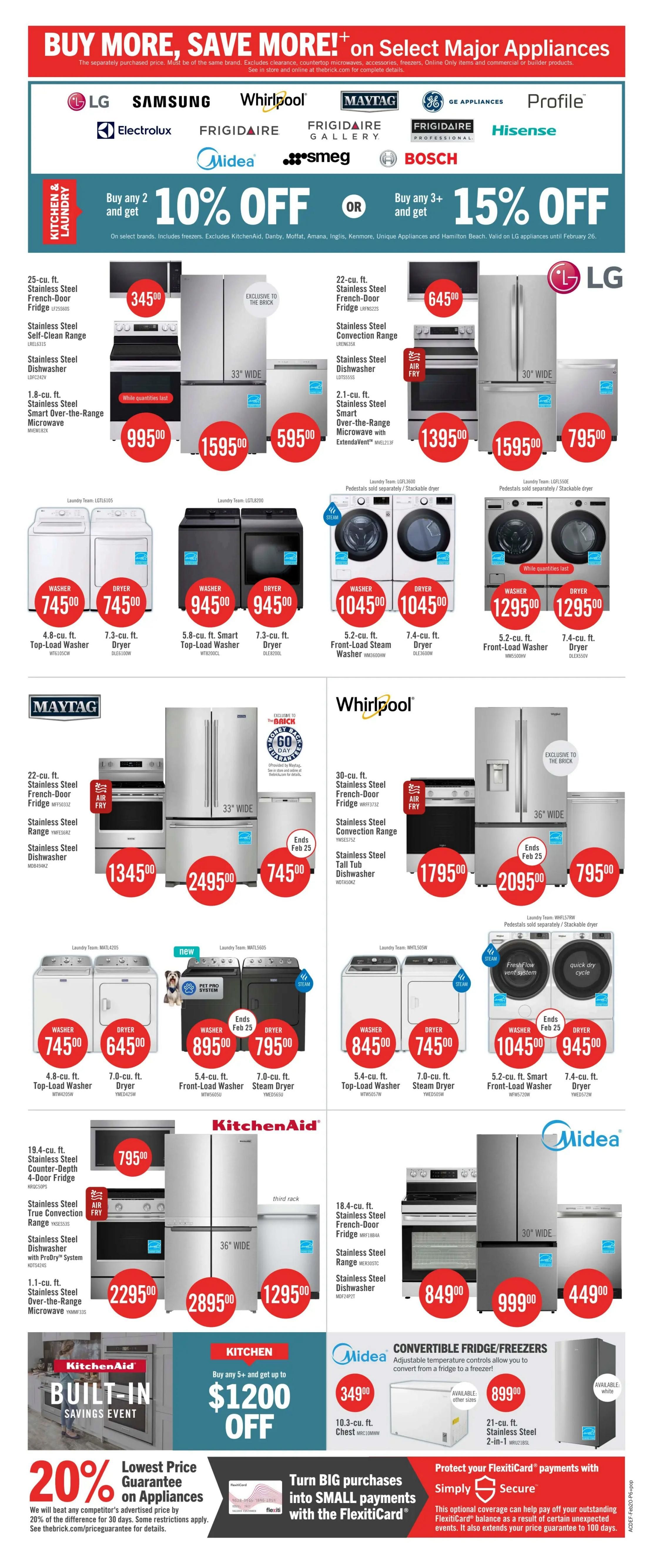 The Brick flyer page 14 features a 'Buy More, Save More' event on select major appliances from brands like LG, Samsung, Whirlpool, Electrolux, Frigidaire, GE Appliances, Profile, Midea, Hisense, Maytag, Bosch, and KitchenAid. Offers include 10% off when you buy any 2 kitchen and laundry items, and 15% off when you buy any 3 or more. Featured products include an LG 25 cu. ft. Stainless Steel French-Door Fridge for $345.00, a Stainless Steel Self-Clean Range for $995.00, a Stainless Steel Dishwasher for $595.00, and a 1.8 cu. ft. Stainless Steel Smart Over-the-Range Microwave for $995.00. Also shown are LG laundry pairs for $745.00 each and black laundry pairs for $945.00 each. Other LG appliances include a 22 cu. ft. Stainless Steel French-Door Fridge for $645.00, a Stainless Steel Convection Range for $1395.00, a Stainless Steel Dishwasher for $795.00, and a 2.1 cu. ft. Stainless Steel Smart Over-the-Range Microwave for $1595.00. Maytag offers include a 22 cu. ft. Stainless Steel French-Door Fridge for $1345.00, a Stainless Steel Range for $2495.00, and a Stainless Steel Dishwasher for $745.00. Maytag laundry pairs are available for $745.00 each. Whirlpool appliances include a 30 cu. ft. Stainless Steel French-Door Fridge for $1795.00, a Stainless Steel Convection Range for $2095.00, and a Stainless Steel Tall Tub Dishwasher for $795.00. Whirlpool laundry pairs are available for $845.00 each and $1045.00 each. KitchenAid features a 19.4 cu. ft. Stainless Steel Counter-Depth 4-Door Fridge for $795.00, a Stainless Steel True Convection Range for $2295.00, a Stainless Steel Dishwasher for $2895.00, and a 1.1 cu. ft. Stainless Steel Over-the-Range Microwave for $1295.00. A KitchenAid 'Built-In Savings Event' offers up to $1200 off. Midea offers a 10.3 cu. ft. Chest Fridge for $349.00 and a 21 cu. ft. Stainless Steel 2-in-1 Convertible Fridge/Freezer for $899.00. A Midea Stainless Steel Range is $849.00 and a Stainless Steel Dishwasher is $449.00. The flyer also highlights a 20% Lowest Price Guarantee on appliances and information on protecting FlexiCard payments with Simply Secure.