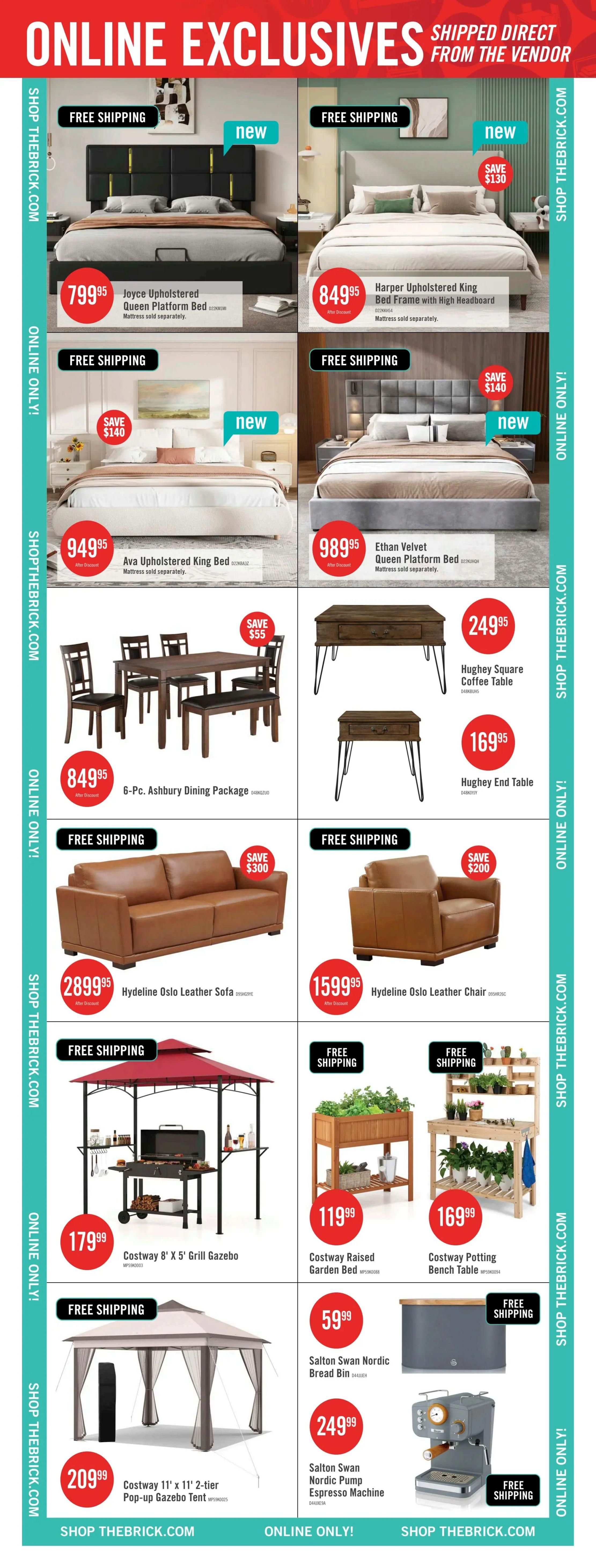 The Brick flyer page featuring online exclusives with free shipping. Products include the Joyce Upholstered Queen Platform Bed for $799.95, Harper Upholstered King Bed Frame with High Headboard for $849.95 (save $140), Ava Upholstered King Bed for $949.95, and Ethan Velvet Queen Platform Bed for $989.95. Also available are the 6-Pc. Ashbury Dining Package for $849.95 (save $55), Hughey Square Coffee Table for $249.95, and Hughey End Table for $169.95. Living room furniture includes the Hydeline Oslo Leather Sofa for $2,899.95 (save $300) and the Hydeline Oslo Leather Chair for $1,599.95 (save $200). Outdoor items feature the Costway 8' X 5' Grill Gazebo for $179.99, Costway Raised Garden Bed for $119.99, and Costway Potting Bench Table for $169.99. The Costway 11' x 11' 2-tier Pop-up Gazebo Tent is $209.99. Small appliances include the Salton Swan Nordic Bread Bin for $59.99 and the Salton Swan Nordic Pump Espresso Machine for $249.99. All items are online only and shipped direct from the vendor.