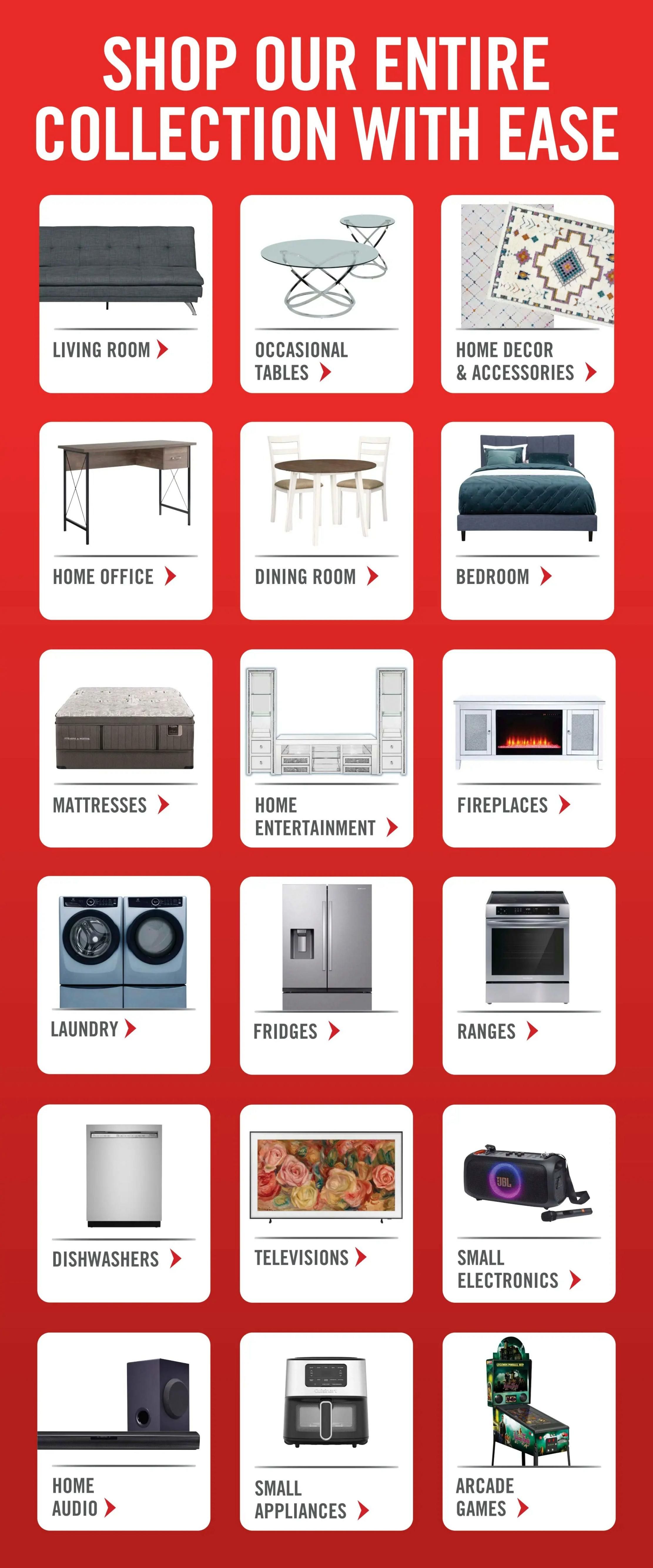 The Brick flyer page 20 features a 'Shop Our Entire Collection With Ease' theme, showcasing various home furnishing and appliance categories. Categories include Living Room furniture, Occasional Tables, Home Decor & Accessories, Home Office furniture, Dining Room sets, Bedroom furniture, Mattresses, Home Entertainment units, Fireplaces, Laundry appliances, Fridges, Ranges, Dishwashers, Televisions, Small Electronics like a JBL speaker with microphone, Home Audio systems with a soundbar and subwoofer, Small Appliances such as an air fryer, and Arcade Games. Each category is represented by an image and a clickable link.