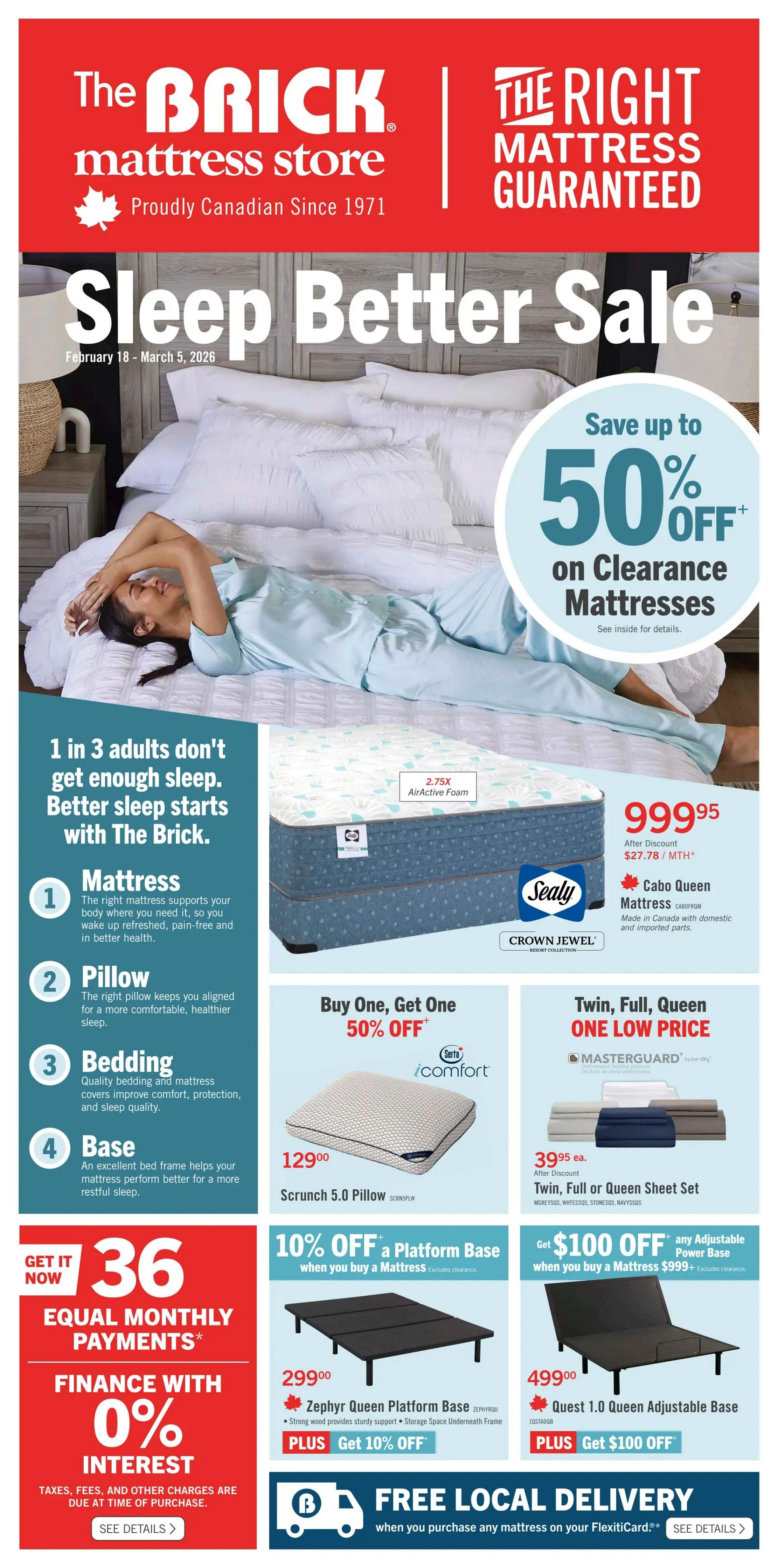 The Brick Mattress Store 'Sleep Better Sale' flyer, valid February 18 - March 5, 2026. Features 'The Right Mattress Guaranteed' with savings up to 50% off on clearance mattresses. The page highlights four key elements for better sleep: Mattress, Pillow, Bedding, and Base. A Sealy Crown Jewel Resort Collection 'Cabo Queen Mattress' is priced at $999.95 after discount, with monthly payments of $27.78. Also available are Serta iComfort 'Scrunch 5.0 Pillow' for $129.00 and 'Twin, Full, or Queen Sheet Sets' from Masterguard for $39.95 each. Special offers include 'Buy One, Get One 50% Off' on select items, 10% off a 'Platform Base' when you buy a mattress, and $100 off any 'Adjustable Power Base' when you buy a mattress priced $999+. Featured bases include the 'Zephyr Queen Platform Base' for $299.00 with an additional 10% off, and the 'Quest 1.0 Queen Adjustable Base' for $499.00. The flyer also promotes '36 Equal Monthly Payments with 0% Interest' financing and 'Free Local Delivery' on mattress purchases made with a FlexitiCard. See details for financing and delivery offers.