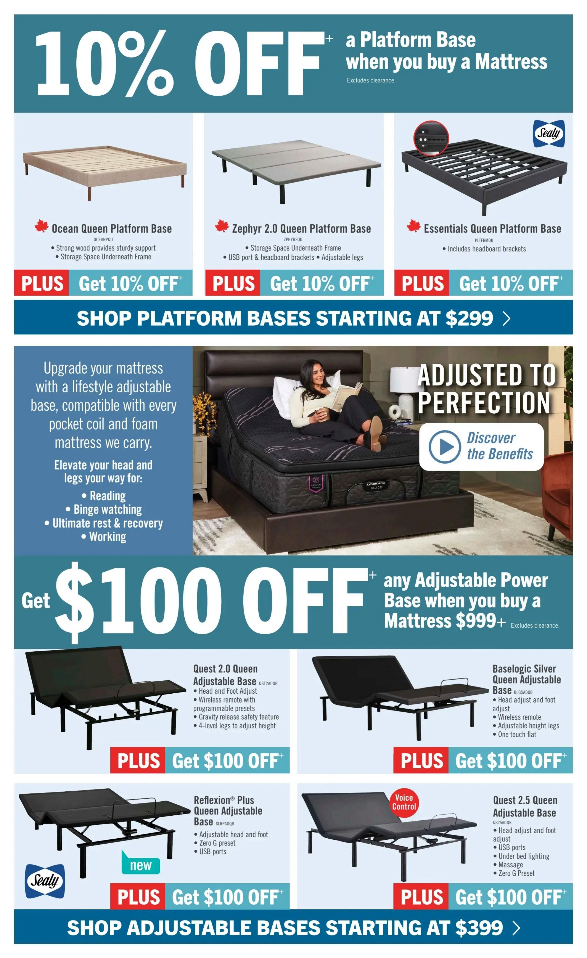 The Brick flyer page 7 features a 10% off promotion on platform bases when you buy a mattress. Featured platform bases include the Ocean Queen Platform Base with sturdy wood support and storage space, the Zephyr 2.0 Queen Platform Base with USB port and adjustable legs, and the Essentials Queen Platform Base with headboard brackets. All are available with an additional 10% off and start at $299. The page also highlights adjustable power bases with a 'Get $100 OFF' offer when you buy a mattress $999+. Options include the Quest 2.0 Queen Adjustable Base with wireless remote and programmable presets, the Baselogic Silver Queen Adjustable Base with head and foot adjust and one touch flat, the Reflexion Plus Queen Adjustable Base with Zero G preset and USB ports, and the Quest 2.5 Queen Adjustable Base with voice control, under bed lighting, massage, and Zero G preset. Adjustable bases start at $399.