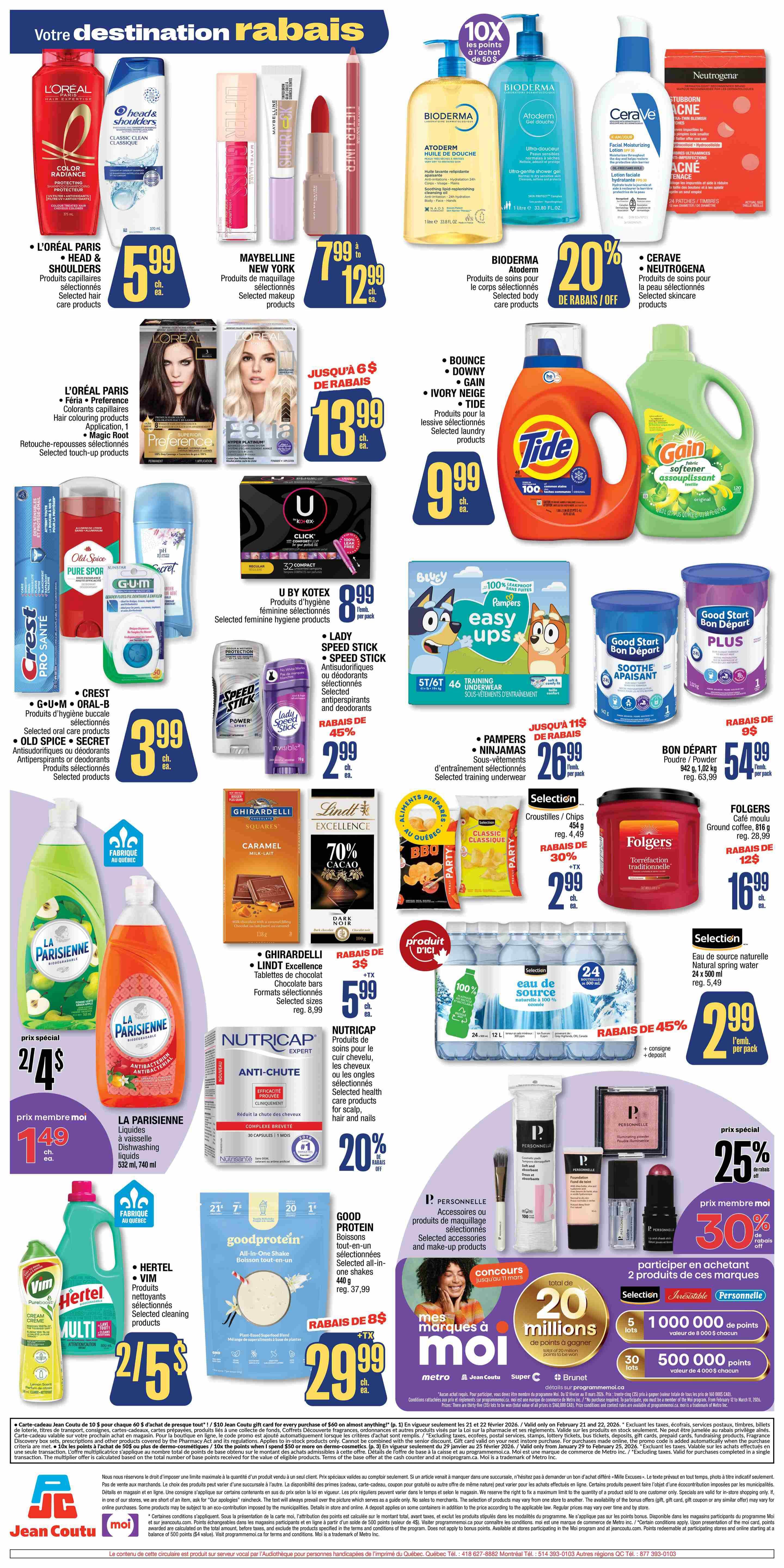 Jean Coutu weekly flyer specials page 2, featuring a wide variety of health, beauty, and household products. Top deals include L'Oréal Paris Color Radiance shampoo and conditioner for $5.99, Maybelline makeup products for $12.99, and Bioderma Atoderm body wash and CeraVe facial moisturizing lotion with 20% off. Laundry essentials like Tide, Bounce, Downy, Gain, and Ivory Neige are available for $9.99. Also featured are L'Oréal Paris Féria hair colour with up to $6 rebate, U by Kotex feminine hygiene products for $8.99 per pack, and selected oral care, antiperspirant, and deodorant products from Crest, G•U•M, Oral-B, Old Spice, Secret, and Lady Speed Stick. Special offers include La Parisienne dish liquids for $1.49 each, and selected cleaning products from Vim and Hertel. Nutricap anti-hair loss capsules are 20% off. Good Protein all-in-one shakes are $37.99. Pampers and Ninjamas training underwear are $26.99 per pack. Bon Départ Plus powder is $54.99. Ghirardelli chocolate bars and Lindt Excellence chocolate bars are $5.99 with a $3 rebate. Selection chips are 30% off at $2.99. Folgers ground coffee is $16.99 with a $12 rebate. Selection natural spring water 24x500mL is 45% off at $2.99. P. Personnelle makeup accessories and products are 25% off, with selected items at 30% off for members. The flyer also promotes a contest to win 20 million Moi points and a $10 Jean Coutu gift card offer.