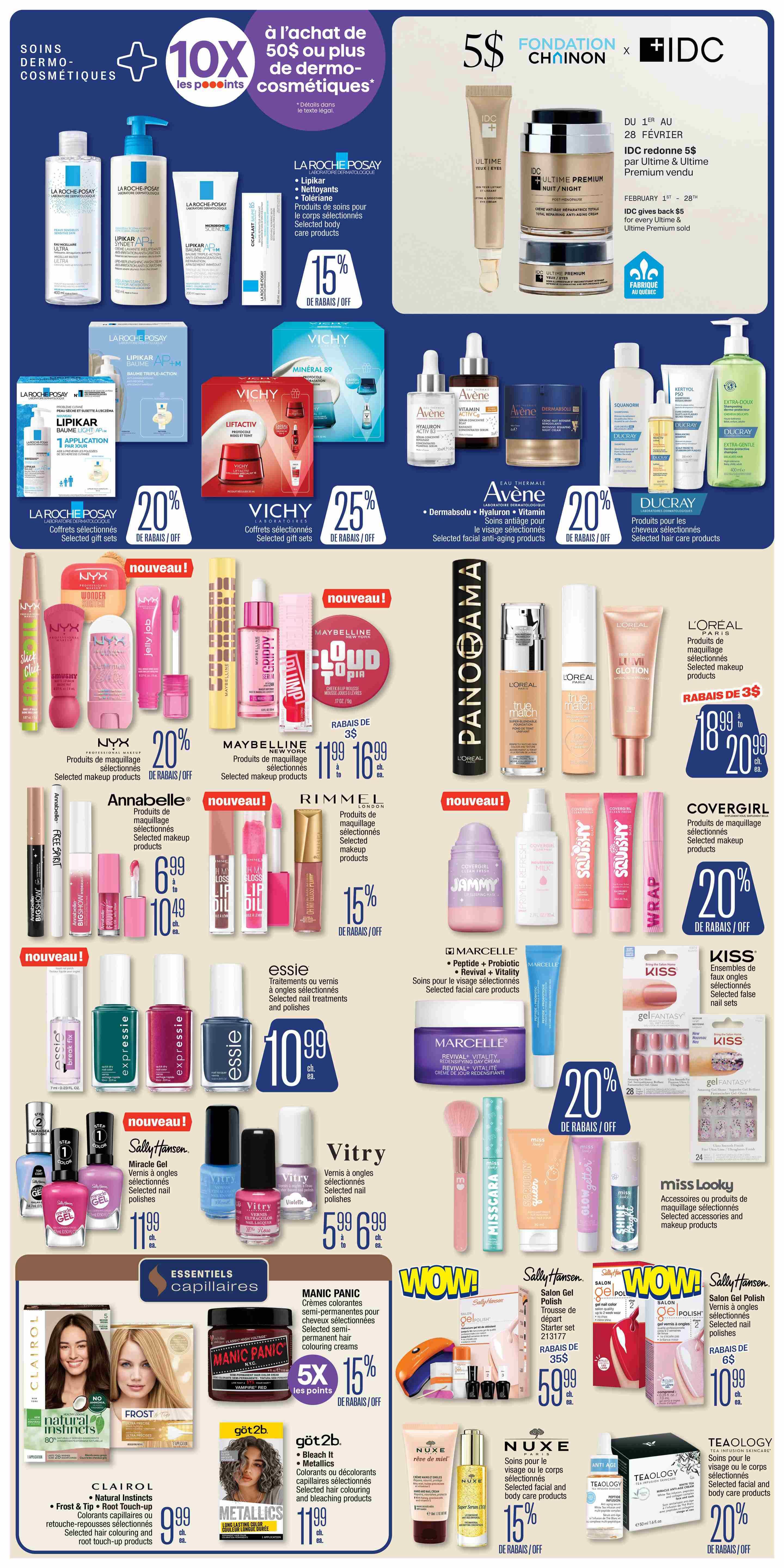 Jean Coutu weekly flyer specials page 5 features a wide selection of skincare and makeup products. La Roche-Posay Lipikar and Cicaplast products are available, with 15% off selected items. Vichy Mineral 89 and Liftactiv products are featured, with a 25% discount on selected items. Avene Dermabsolu, Hyaluron Activ B3, and Vitamin Cg serums are on offer. NYX selected makeup products are 20% off. Maybelline selected makeup products are on sale for $11.99 to $16.99, with a $3 discount. Annabelle selected makeup products are $6.99 to $10.49. Rimmel selected makeup products are 15% off. Covergirl selected makeup products are 20% off. Essie selected nail treatments and polishes are $10.99. Vitry selected nail polishes are $5.99 to $6.99. Sally Hansen Miracle Gel nail polishes are $11.99. L'Oréal Paris Panorama mascara, True Match foundation, and Lumi Glotion are on sale with a $3 discount, priced from $18.99 to $20.99. Marcelle selected facial care products are 20% off. Kiss selected false nail sets are available. Miss Looky selected makeup accessories and products are featured. Clairol Natural Instincts and Frost & Tip root touch-up products are $9.99. Manic Panic semi-permanent hair colour is 15% off and offers 5X loyalty points. Got2b Bleach It and Metallics hair colouring products are $11.99. Nuxe selected facial and body care products are 15% off. Tealogy selected facial and body care products are 20% off. The page also highlights a 10X loyalty points offer on dermo-cosmetic purchases of $50 or more.