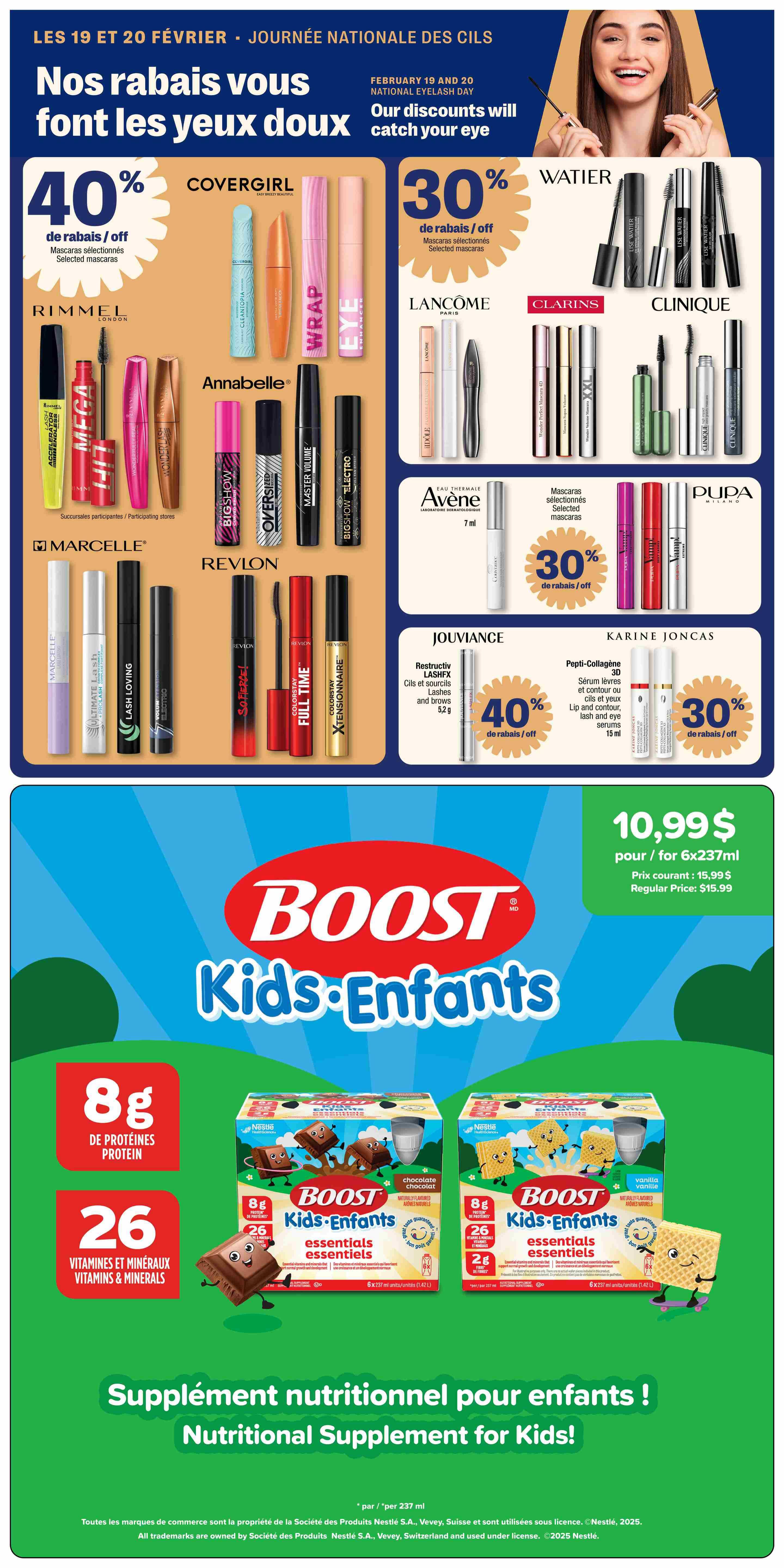 Jean Coutu weekly flyer specials page 6 features a 'Our discounts will catch your eye' promotion on mascaras and eye products. Get 40% off selected mascaras from Covergirl, Rimmel, Annabelle, Marcelle, and Revlon. Also, enjoy 30% off selected mascaras from Lise Watier, Lancôme, Clarins, Clinique, Avene, and Pupa. Jouviance offers 40% off their Restructiv LASHFX lashes and brows (5.2g). Karine Joncas features Pepti-Collagen 3D serums (15ml) at 30% off. The bottom section highlights Boost Kids Essentials nutritional supplement, available in chocolate and vanilla flavours, for $10.99 for a 6x237ml pack, down from a regular price of $15.99. Each serving contains 8g of protein and 26 vitamins and minerals.