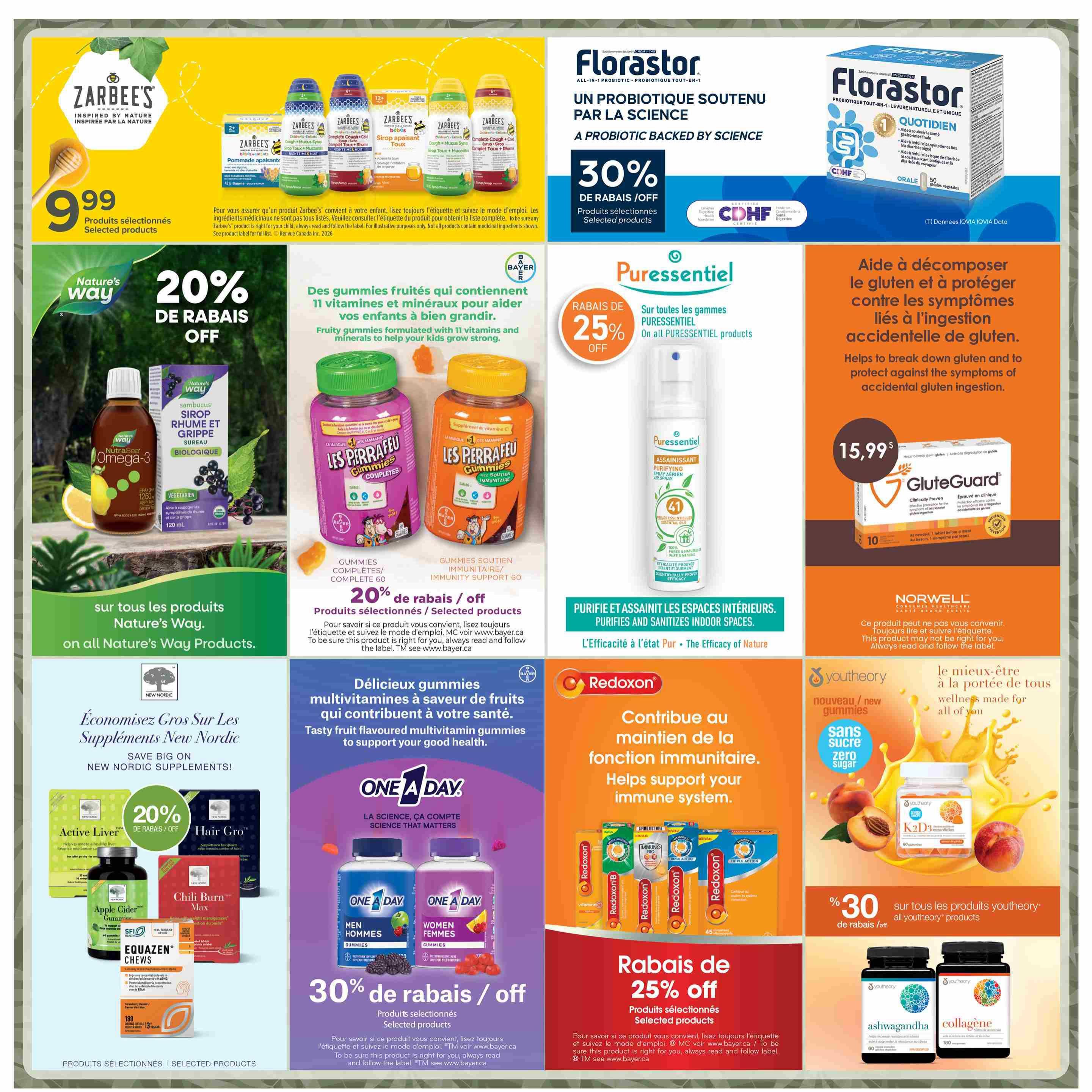 Jean Coutu weekly flyer specials, page 12. Features Zarbee's selected products for $9.99. Florastor probiotic products are 30% off. Nature's Way products are 20% off, including NutraSee Omega-3, Sambucus syrup, and Les Pirrafeux gummies. Puressentiel purifying spray is 25% off. GluteGuard is $15.99. New Nordic supplements are on sale with 20% off, including Active Liver, Hair Gro, Chili Burn Max, and Equazen Chews. One A Day gummies are 30% off. Redoxon products offer 25% off. Youtheory products are 30% off, including Ashwagandha and Collagène.
