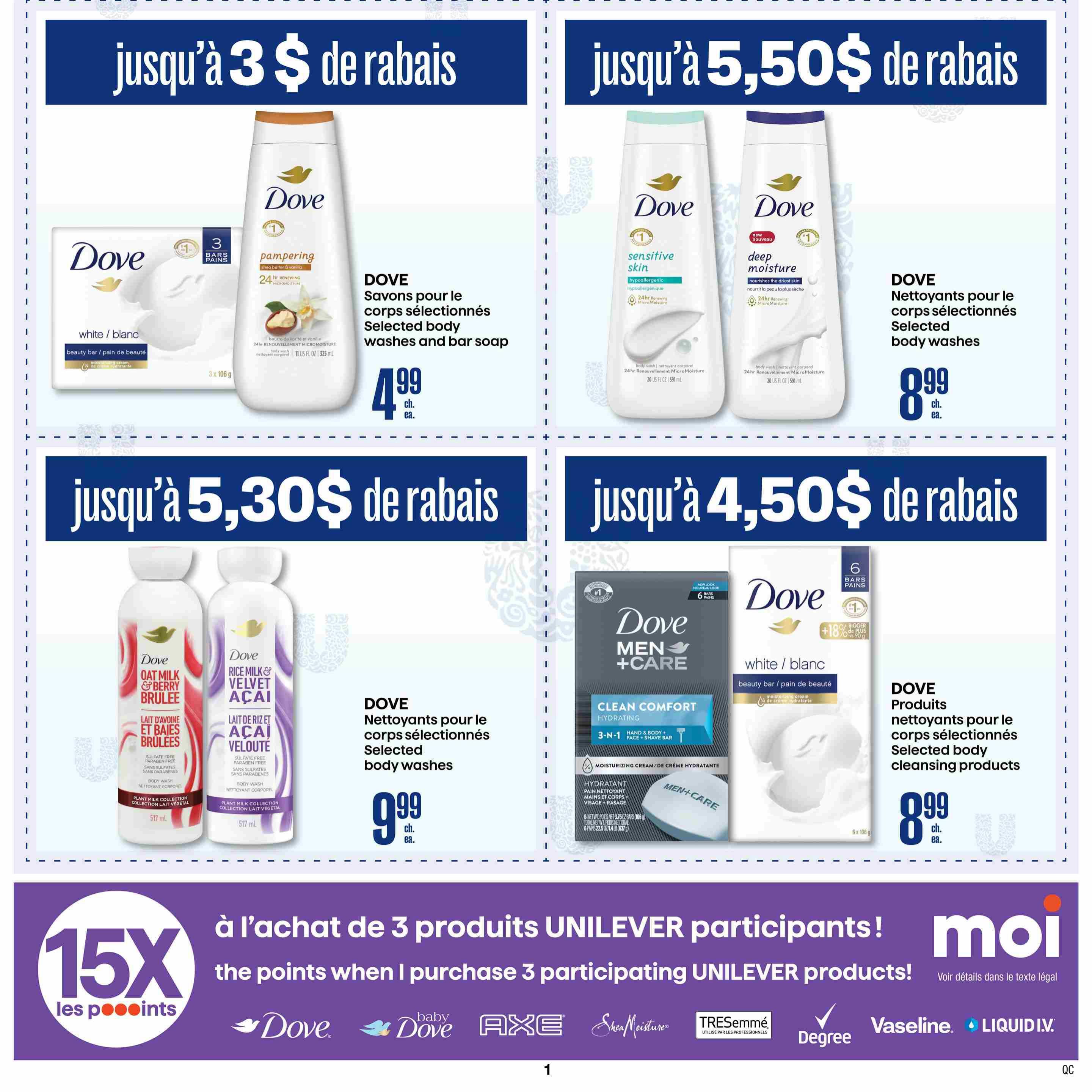 Jean Coutu flyer page 2 features Dove products with discounts. Top left: Dove bar soap and body wash on sale for up to $3 off, priced at $4.99 each. Top right: Dove sensitive skin and deep moisture body washes on sale for up to $5.50 off, priced at $8.99 each. Bottom left: Dove Oat Milk & Berry Brulee and Rice Milk & Velvet Acai body washes on sale for up to $5.30 off, priced at $9.99 each. Bottom right: Dove Men+Care Clean Comfort body wash and Dove white bar soap (6-pack) on sale for up to $4.50 off, with the bar soap priced at $9.99. The bottom section advertises 15x Moi points when purchasing 3 participating Unilever products, including brands like Dove, Axe, Shea Moisture, TRESemmé, Degree, Vaseline, and Liquid I.V.