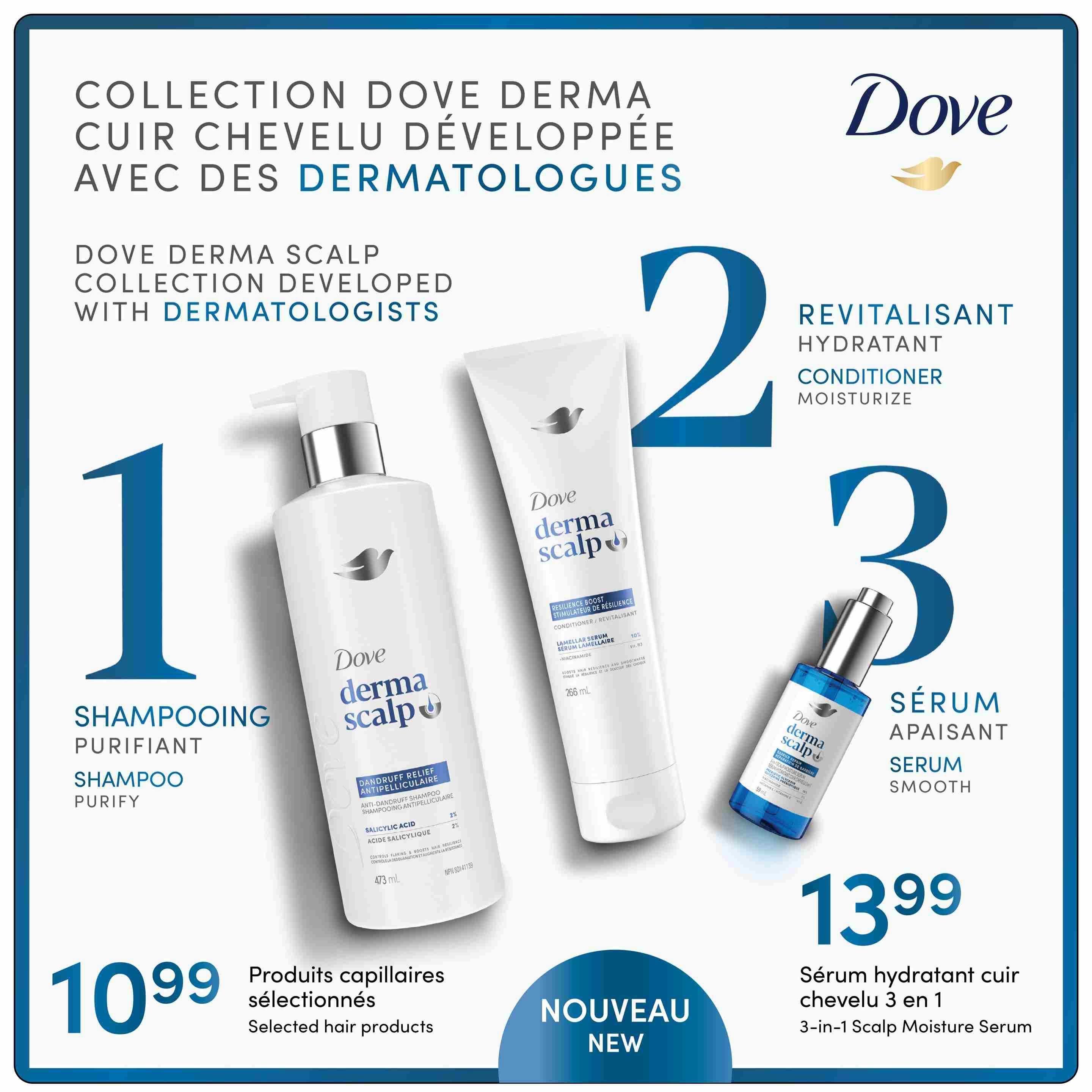 Jean Coutu flyer page 5 features the Dove Derma+Scalp collection, developed with dermatologists. Highlighted are three products: 1. Dove Derma+Scalp Purifying Shampoo for $10.99, described as selected hair products. 2. Dove Derma+Scalp Moisturize Conditioner, featuring a 10% discount on Lamellar Serum. 3. Dove Derma+Scalp Smooth Serum, a 3-in-1 Scalp Moisture Serum, priced at $13.99. The page also announces 'Nouveau New'.