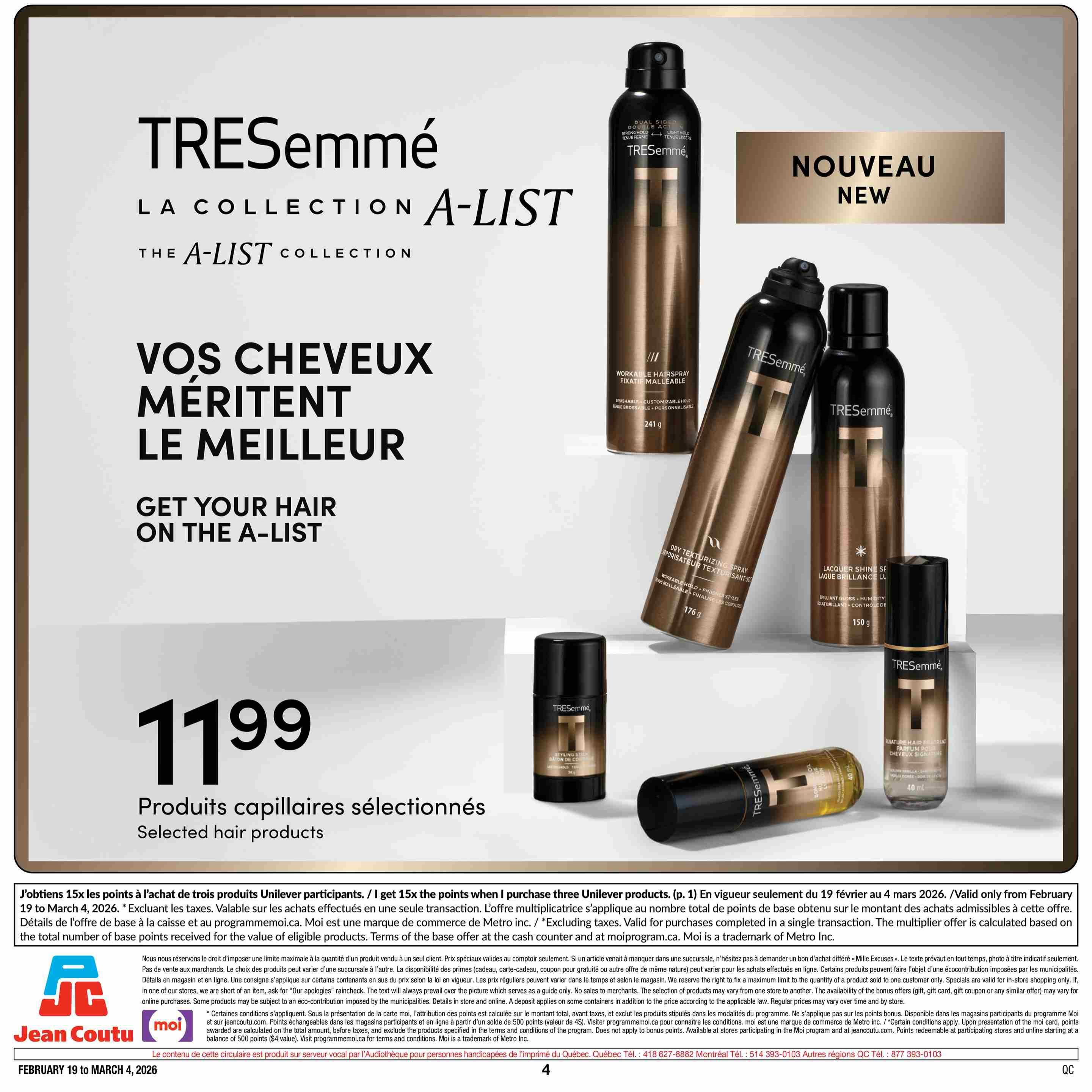 Jean Coutu flyer, page 8, featuring the TRESemmé A-List collection of hair products. The page highlights 'Get Your Hair on the A-List' with selected hair products priced at $11.99. Featured TRESemmé products include a Workable Hairspray (241 g), a Styling Stick, a Lacquer Shine Spray (150 g), and a Signature Hair Fragrance (40 ml). The flyer also promotes a 'Buy 3 Unilever products, get 15x the points' offer, valid from February 19 to March 4, 2026. Details on the offer and program terms are provided, including information about Moi points and potential eco-contributions. The flyer is valid from February 19 to March 4, 2026.