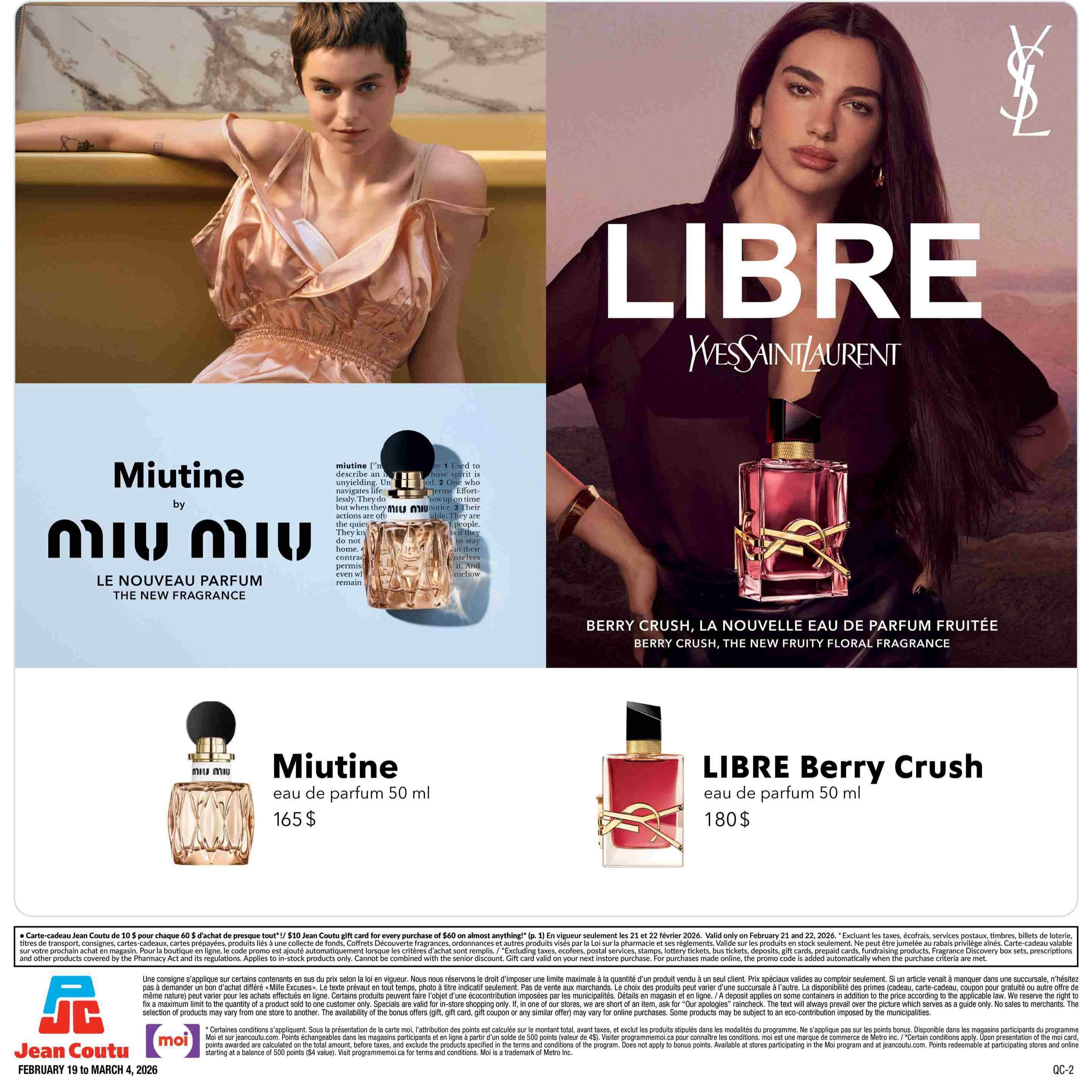 Jean Coutu flyer, page 4, featuring two premium fragrances. On the left, Miu Miu Le Nouveau Parfum, the new fragrance, is displayed with its 50 ml bottle priced at $165. On the right, Libre Berry Crush, the new fruity floral fragrance by Yves Saint Laurent, is shown with its 50 ml bottle priced at $185. The bottom of the page details a Jean Coutu gift card offer for every purchase of $60 or more, valid February 19 to March 4, 2026. It also includes program information for Moi and Jean Coutu, with details on points redemption and terms and conditions.