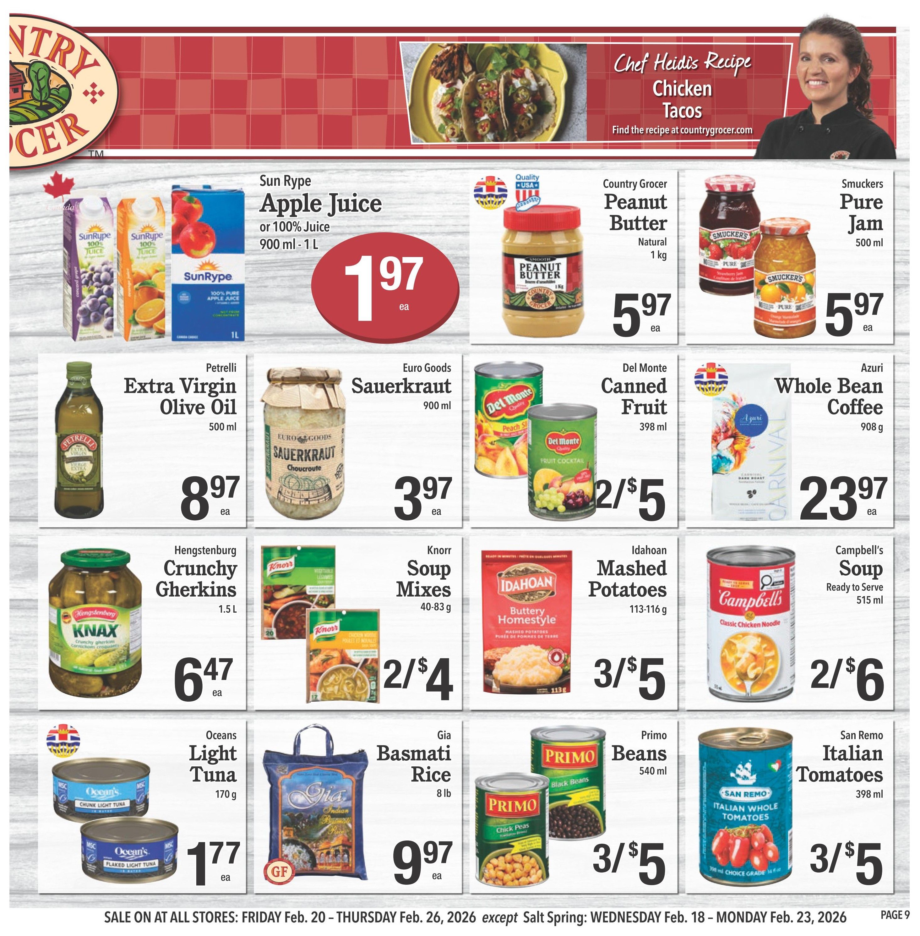 Country Grocer weekly flyer specials, page 9. Featured items include Sun Rype Apple Juice for $1.97 each, Country Grocer Peanut Butter 1 kg for $5.97 each, and Smuckers Pure Jam 500 ml for $5.97 each. Also on sale is Petrelli Extra Virgin Olive Oil 500 ml for $8.97 each, Euro Goods Sauerkraut 900 ml for $3.97 each, and Del Monte Canned Fruit 398 ml for 2 for $5. Azuri Whole Bean Coffee 908 g is $23.97 each. Hengstenburg Crunchy Gherkins 1.5 L are $6.47 each. Knorr Soup Mixes 40-83 g are 2 for $4. Idahoan Mashed Potatoes 113-116 g are 3 for $5. Campbell's Soup Ready to Serve 515 ml are 2 for $6. Oceans Light Tuna 170 g is $1.77 each. Gia Basmati Rice 8 lb is $9.97 each. Primo Beans 540 ml (Chick Peas and Black Beans) are 3 for $5. San Remo Italian Tomatoes 398 ml are 3 for $5. Sale runs from Friday, February 20 to Thursday, February 26, 2026.