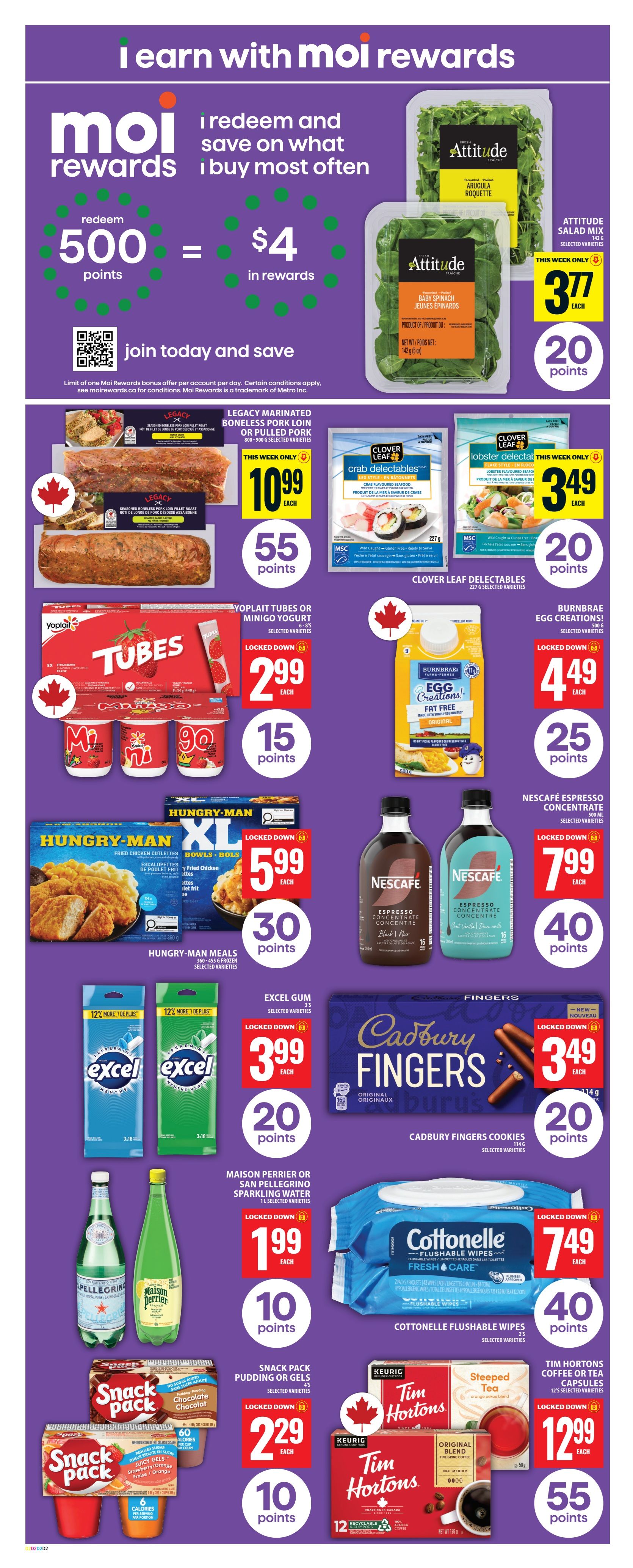 Food Basics weekly flyer specials page 5 features Moi Rewards: redeem 500 points for $4 in rewards. Featured products include Attitude Salad Mix for $3.77 with 20 points, Legacy Marinated Boneless Pork Loin or Pulled Pork for $10.99 each, Clover Leaf Crab Delectables and Lobster Delectables for $3.49 each with 20 points, Yoplait Tubes or Minigo Yogurt for $2.99 each with 15 points, Burnbrae Egg Creations for $4.49 each with 25 points, Hungry-Man XL Bowls or Meals for $5.99 each with 30 points, Nescafé Espresso Concentrate for $7.99 each with 40 points, Cadbury Fingers Cookies for $3.49 each with 20 points, Cottonelle Flushable Wipes for $7.49 each with 40 points, Maison Perrier or San Pellegrino Sparkling Water for $1.99 each with 10 points, Snack Pack Pudding or Gels for $2.29 each with 10 points, and Tim Hortons Coffee or Tea Capsules for $12.99 each with 55 points.