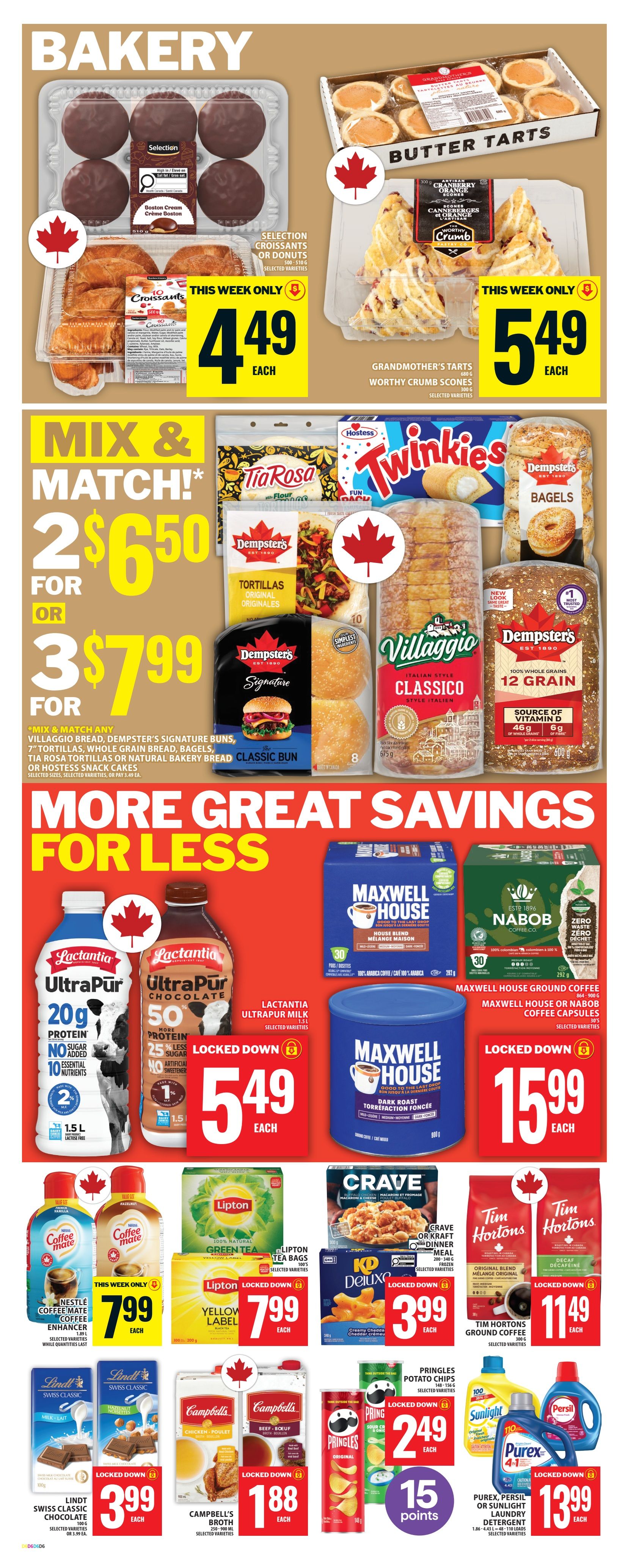 Food Basics weekly flyer specials page 9 features bakery items and more great savings. On the top left, Selection croissants or donuts are $4.49 each. On the top right, Grandmother's tarts are $5.49 each. The 'Mix & Match!' section includes Villaggio bread, Dempster's signature buns, 7' whole grain bread, bagels, Tia Rosa tortillas, or natural bakery bread or Hostess snack cakes. Buy 2 for $6.50 or 3 for $7.99. Also featured are Maxwell House ground coffee and Maxwell House or Nabob coffee capsules (30's) for $15.99 each. Lactantia UltraPur milk (1.5 L) is $5.49 each. Coffee Mate coffee enhancer (1.89 L) is $7.99 each. Lipton green tea bags (100's) are $7.99 each. Pringles potato chips (148-156 g) are $2.49 each and earn 15 points. Lindt Swiss Classic chocolate bars (100 g) are $3.99 each or 3 for $9.99. Campbell's broth (250-900 mL) is $1.88 each. Tim Hortons ground coffee (300 g) is $11.49 each. Purex, Sunlight, or Persil laundry detergent (1.86-4.43 L) is $13.99 each.