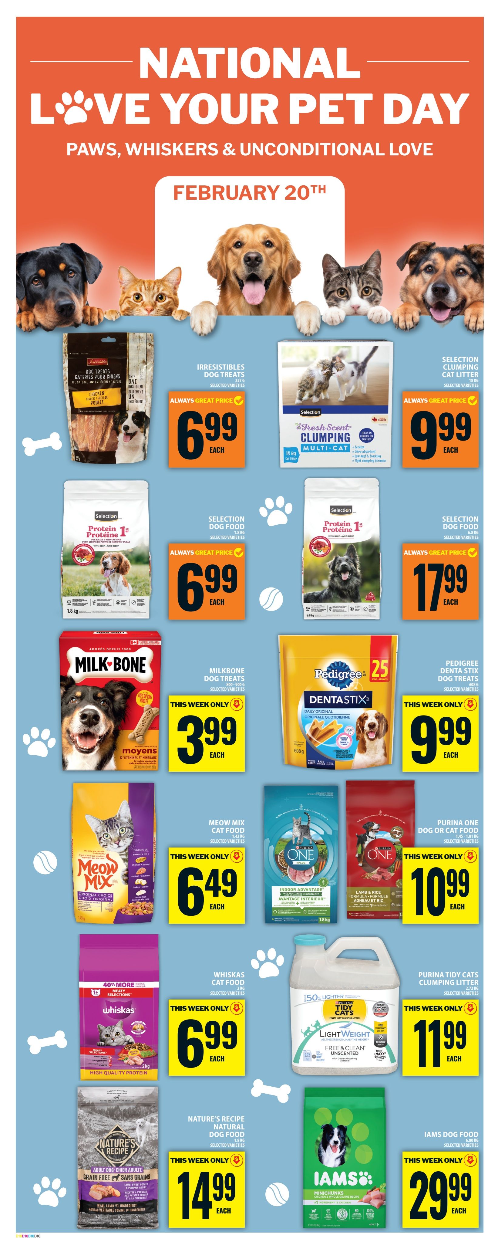 Food Basics flyer page celebrating National Love Your Pet Day on February 20th. Featured products include Irresistibles Dog Treats for $6.99, Selection Clumping Cat Litter for $6.99, Selection Protein 1st Dog Food (1.8 kg) for $6.99, Selection Protein 1st Dog Food (6.8 kg) for $17.99, Milk-Bone Dog Treats (800-900 g) for $3.99, Pedigree Denta Stix Dog Treats (608 g) for $9.99, Meow Mix Cat Food (1.42 kg) for $6.49, Purina One Indoor Advantage Dog Food (1.8 kg) for $10.99, Purina One Lamb & Rice Formula Dog Food (1.8 kg) for $10.99, Whiskas Cat Food (2 kg) for $6.99, Purina Tidy Cats Clumping Litter (2.72 kg) for $11.99, Nature's Recipe Natural Dog Food (1.8 kg) for $14.99, and Iams Dog Food Minichunks Chicken & Whole Grains Recipe (6.80 kg) for $29.99. Many items are marked 'Always Great Price' or 'This Week Only'.