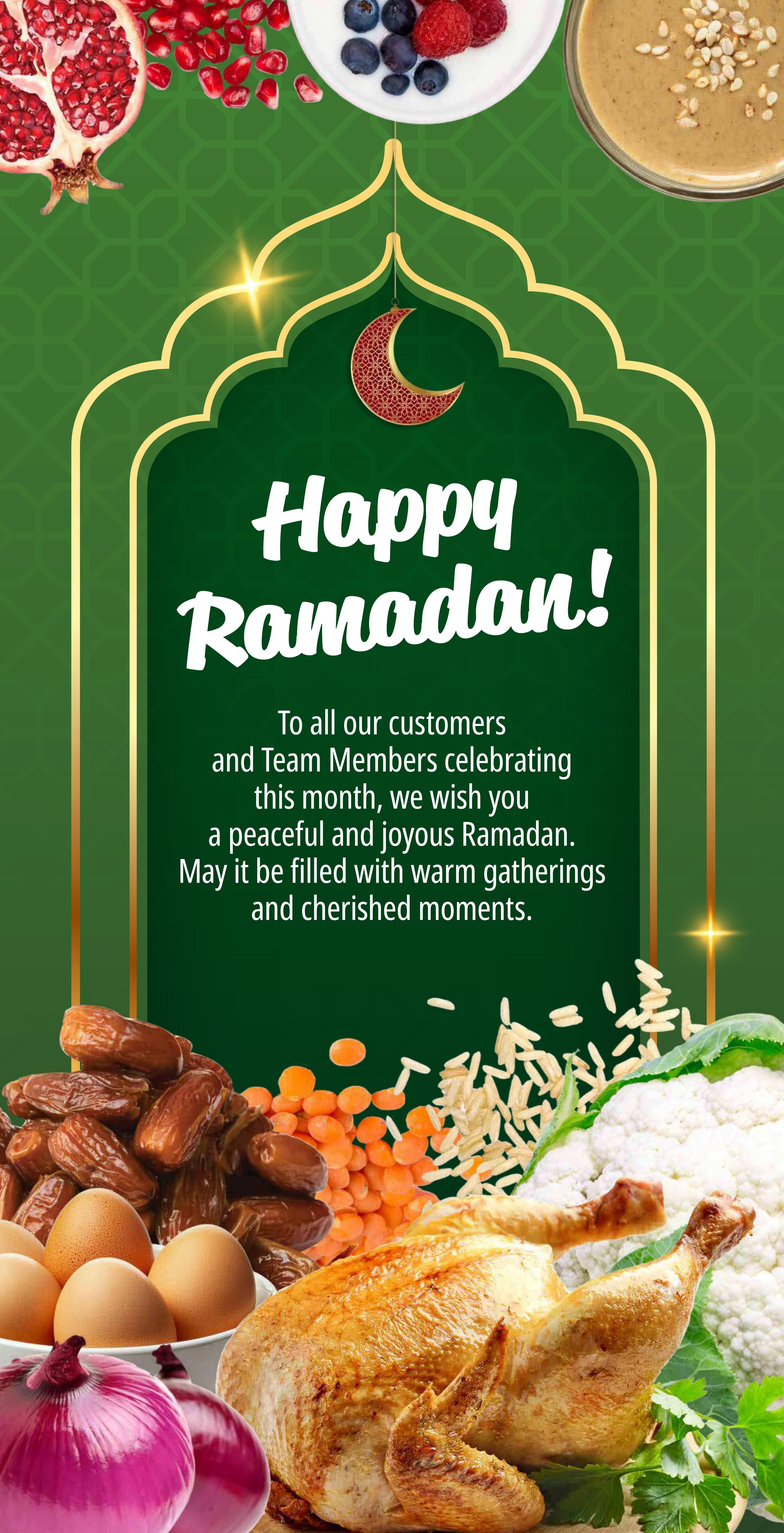 Farm Boy weekly flyer specials, page 6. A festive greeting wishing customers and team members a Happy Ramadan, with a message of peace, joy, warm gatherings, and cherished moments. The page features a vibrant arrangement of food items including a whole roasted chicken, cauliflower, red onions, eggs, dates, lentils, rice, pomegranates, blueberries, raspberries, and a bowl of tahini or nut butter topped with sesame seeds.