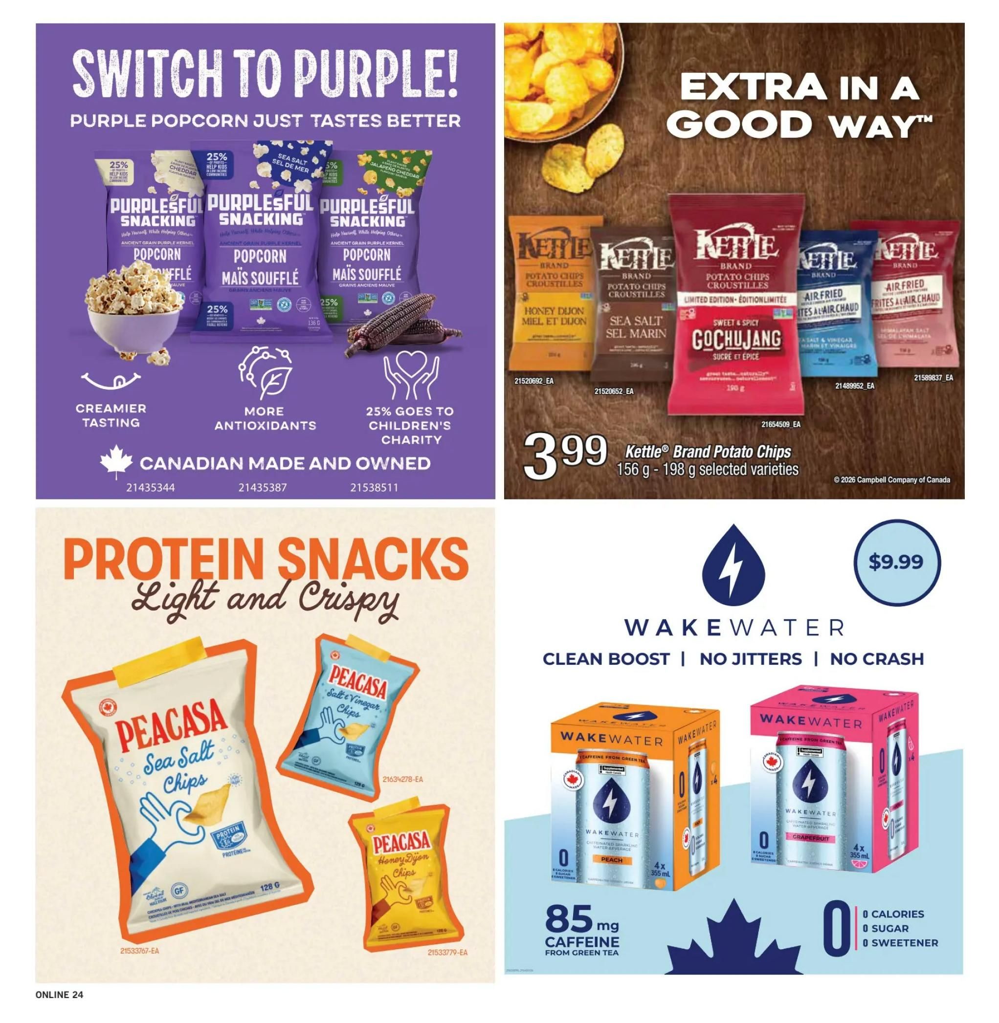 Fortinos weekly flyer specials page 23. Features Purplesful Snacking purple popcorn with claims of creamier tasting, more antioxidants, and 25% goes to children's charity. Available in Sea Salt, Cheddar, and Jalapeno Cheddar flavours. Also on sale are Kettle Brand Potato Chips in selected varieties for $3.99, including Honey Dijon, Sea Salt, Gochujang, Sea Salt & Vinegar, and Air Fried Himalayan Salt. Protein snacks from Peacasa are highlighted, with Sea Salt Chips, Salt & Vinegar Chips, and Honey Dijon Chips shown. Wake Water, a clean boost beverage with no jitters or crash, is featured with 85mg of caffeine from green tea, 0 calories, 0 sugar, and 0 sweetener. Available in Peach and Grapefruit flavours, a 4x 355 mL pack is priced at $9.99.