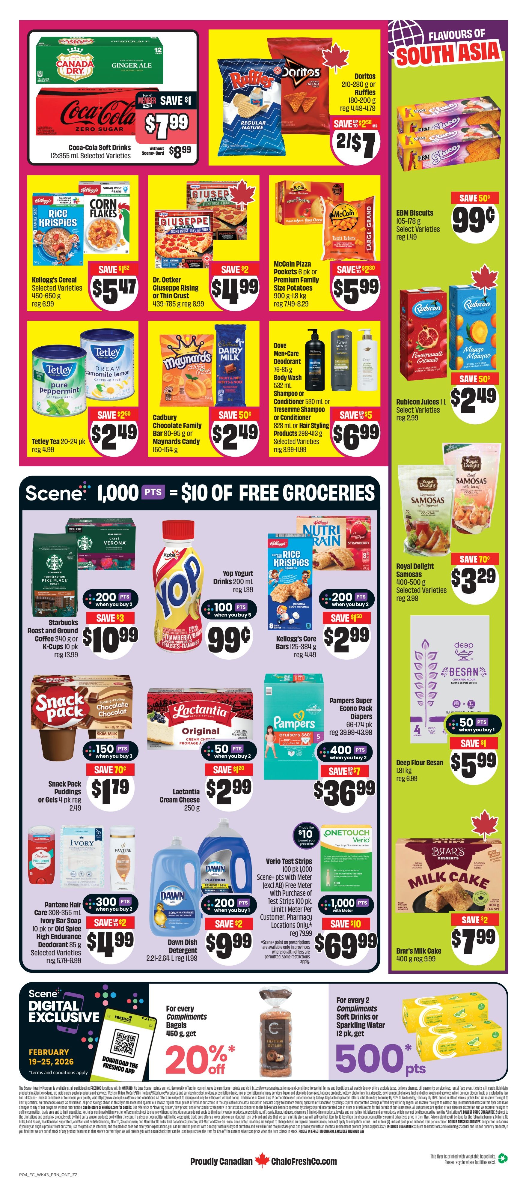 FreshCo Ontario flyer, page 2. Featured items include Canada Dry Ginger Ale 12 cans for $7.99, Coca-Cola Zero Sugar 12x355 mL selected varieties for $7.99 without Scene+ card and $1 savings, Doritos or Ruffles chips 210-280 g for 2 for $7, saving up to $2.58, EBM Biscuits 105-178 g selected varieties for $0.99, saving 50 cents. Also on sale are Kellogg's Cereal 450-650 g for $5.47, saving $1.52, Dr. Oetker Pizza 439-785 g for $4.99, saving $2, McCain Pizza Pockets 6 pk or Premium Family Size Potatoes 900 g-1.8 kg for $5.99, saving up to $2.30. Tetley Tea 20-24 pk is $2.49, saving $2.50. Cadbury Chocolate Family Bar 90-95 g or Maynards Candy 150-154 g is $2.49, saving 50 cents. Rubicon Juices 1 L selected varieties are $2.49, saving 50 cents. Dove Men+Care Deodorant 76-85 g, Body Wash 532 mL or Tresemme Shampoo or Conditioner 828 mL or Hair Styling Products 298-413 g selected varieties are $6.99, saving up to $5. Royal Delight Samosas 400-500 g selected varieties are $3.29, saving 70 cents. Starbucks Roast and Ground Coffee 340 g or K-Cups 10 pk is $10.99, saving $3. Yop Yogurt Drinks 200 mL are $0.99, earning 100 Scene+ points when you buy 5. Snack Pack Puddings 4x100 g are $1.79, earning 150 Scene+ points when you buy 3. Lactantia Cream Cheese 250 g is $2.99, earning 50 Scene+ points when you buy 2. Pampers Super Econo Pack Diapers 66-174 pk are $36.99, earning 400 Scene+ points when you buy 2, saving $7. Pantene Hair Care 308-355 mL, Ivory Bar Soap 10 pk or Old Spice High Endurance Deodorant 85 g selected varieties are $4.99, saving $2. Dawn Dish Detergent 2.21-2.64 L is $9.99, earning 200 Scene+ points when you buy 1, saving $2. Deep Flour Besan 1.81 kg is $5.99, saving $1. Verio Test Strips 100 pk with meter (excl AB) are $69.99, earning 1,000 Scene+ points with meter purchase, saving $10. Brar's Milk Cake 400 g is $7.99, saving $2. The flyer also features a digital exclusive for Compliments Soft Drinks or Sparkling Water, buy 2 get 500 Scene+ points, and for every 2 Compliments Bagels 450 g get 20% off.