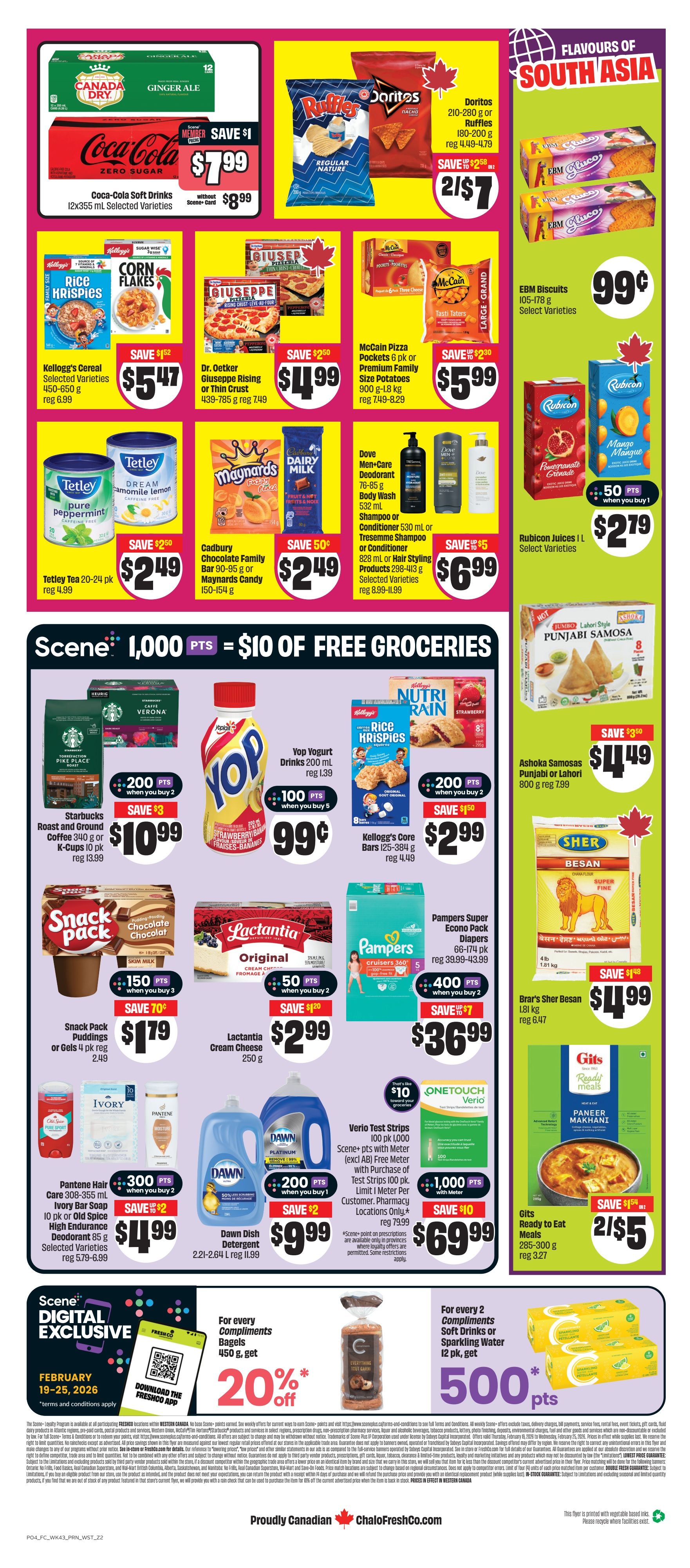 FreshCo Western Canada flyer, page 2. Featured deals include Canada Dry Ginger Ale 12 cans for $7.99, Coca-Cola Zero Sugar 12x355 mL selected varieties for $7.99 (save $1 without Scene+ card), Doritos or Ruffles chips 210-280 g or 180-200 g for 2 for $7 (save up to $2.58), EBM Biscuits 105-178 g for $0.99, Kellogg's Cereal 450-650 g for $5.47 (save $1.52), Dr. Oetker Giuseppe Rising Crust or Thin Crust Pizza 439-785 g for $4.99 (save $2.50), McCain Pizza Pockets or Premium Family Size Potatoes 900 g-1.8 kg for $5.99 (save up to $2.30), Tetley Tea 20-24 pk for $2.49 (regular $4.99), Cadbury Chocolate Family Bar 90-95 g or Maynards Candy 150-154 g for $2.49 (save $0.50), Rubicon Juices 1 L selected varieties for $2.79, Dove Men+Care Deodorant 76-85 g or Body Wash 532 mL or Hair Styling Products 298-413 g for $6.99 (save up to $5), Ashoka Samosas Punjabi or Lahori 800 g for $4.49 (save $1.50), Pantene Hair Care 308-355 mL or Old Spice High Endurance Deodorant 85 g for $4.99 (save $2), Ivory Bar Soap 10 pk for $4.99, Dawn Dish Detergent 2.21-2.64 L for $9.99 (save $2), Starbucks Roast and Ground Coffee 340 g or K-Cups 10 pk for $10.99 (regular $13.99), Snack Pack Puddings for $1.79 (save $0.70), Lactantia Cream Cheese 250 g for $2.99 (save $1.20), Pampers Super Econo Pack Diapers 66-174 pk for $36.99 (save $7), Brar's Sher Besan Chana Flour 1.81 kg for $4.99 (save $1.48), Gits Ready to Eat Meals 285-300 g for 2 for $5 (save $1.54), and Verio Test Strips 100 pk with Scene+ pts (excl AB Free Meter) with purchase of Test Strips 100 pk, Limit 1 Meter per customer (pharmacy locations only) for $69.99 (save $10). Also featured is a digital exclusive offer for 20% off Compliments Bagels 450 g, get 500 Scene+ points with purchase of 2 Compliments Soft Drinks or Sparkling Water 12 pk.