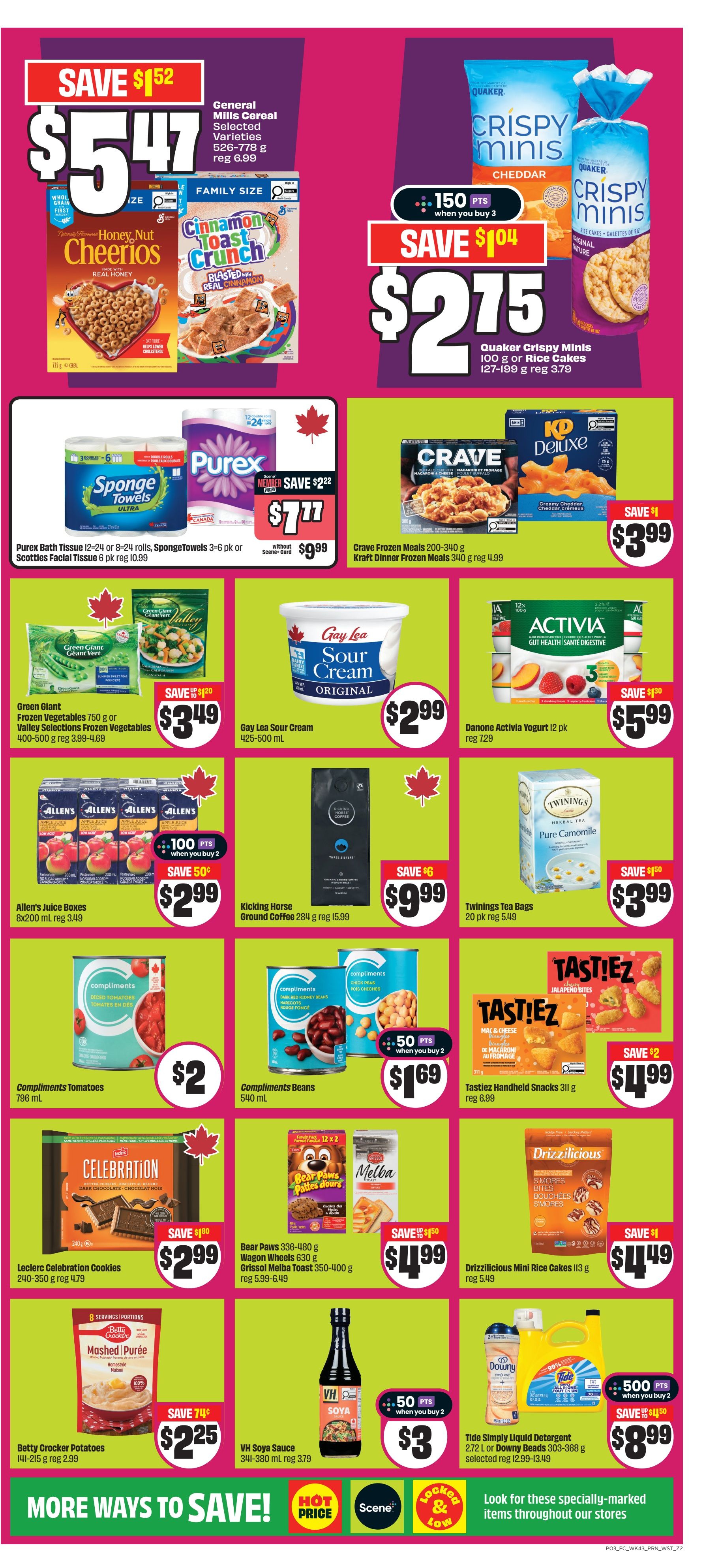 FreshCo flyer page 4 features a variety of grocery deals. Save $1.52 on General Mills Cereal, selected varieties 526-778g for $5.47. Quaker Crispy Minis Cheddar or Original Rice Cakes are 150 points when you buy 3, saving $1.04, priced at $2.75 for 100g or 127-199g. Purex Bath Tissue 12-24 rolls or SpongeTowels 3-6 pk are on sale for $7.77, saving $2.22. Green Giant frozen vegetables 750g or Valley Selections frozen vegetables 400-500g are $3.49, saving up to $1.20. Gay Lea Sour Cream 425-500mL is $2.99. Danone Activia Yogurt 12 pk is $5.99, saving $1.30. Allen's Juice Boxes 8x200mL are $2.99, saving 50 cents when you buy 2. Kicking Horse Ground Coffee 284g is $9.99, saving $6. Twinings Tea Bags 20 pk are $3.99, saving $1.50. Compliments Tomatoes 796mL are $2. Compliments Beans 540mL are $1.69, with 50 points when you buy 2. Tastiez Handheld Snacks 311g are $4.99, saving $2. Leclerc Celebration Cookies 240-350g are $2.99, saving $1.80. Bear Paws cookies 336-480g, Wagon Wheels 630g, or Grissol Melba Toast 350-400g are $4.99, saving up to $1.50. Drizzilicious Mini Rice Cakes 113g are $4.49, saving $1. Betty Crocker Potatoes 141-215g are $2.25, saving 74 cents. VH Soya Sauce 341-380mL is $3, with 50 points when you buy 2. Tide Simply Liquid Detergent 2.72L or Downy Beads 303-368g are $8.99, saving up to $4.50, with 500 points when you buy 2. Look for specially-marked items throughout the store.