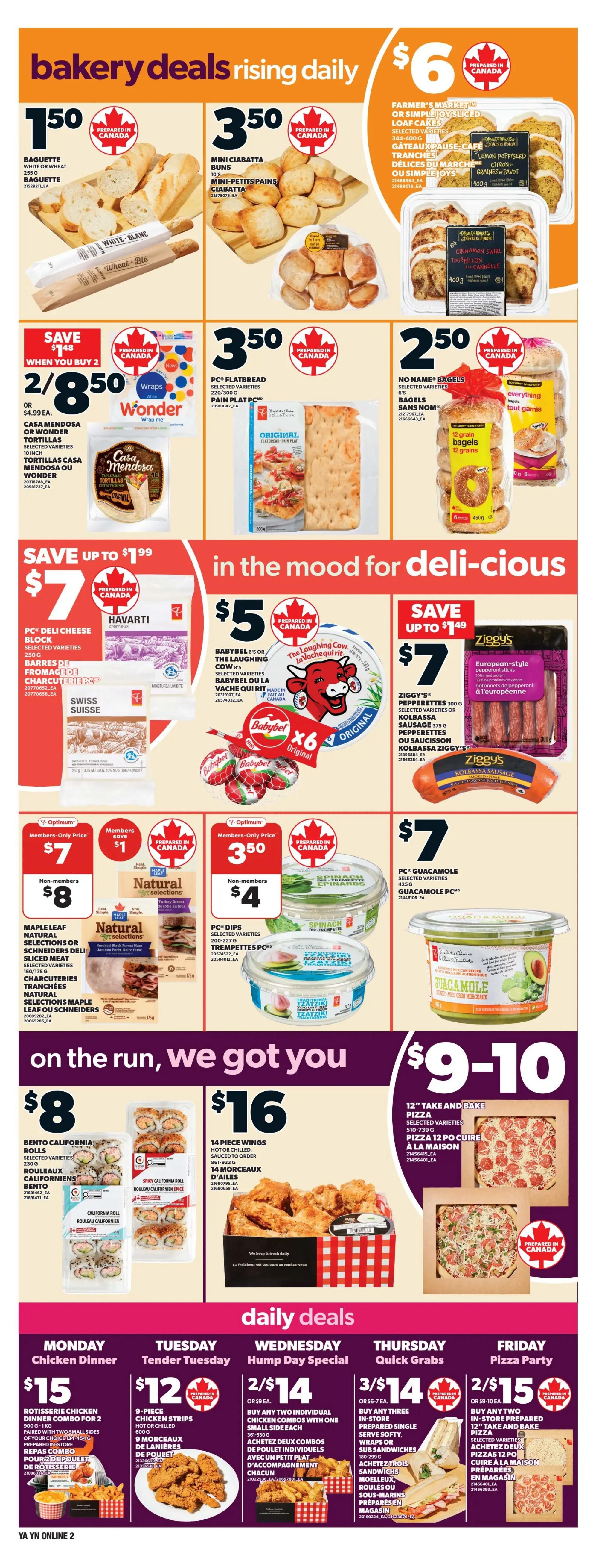 Independent flyer page 4 features bakery deals including Baguette white or wheat for $1.50, Mini Ciabatta Buns 10's for $3.50, and Farmer's Market or Simple Joy Sliced Loaf Cakes for $6. Save up to $1.48 when you buy 2 Wonder Wraps for $8.50 or $4.99 each, or Casa Mendosa or Wonder Tortillas 10 inch for $8.50. Also available are No Name Bagels selected varieties 6's for $2.50. Deli-cious deals include PC Deli Cheese Block selected varieties 250g and Swiss Cheese for $7, Babybel 6's or The Laughing Cow selected varieties for $5, Ziggy's Pepperettes 300g or Kolbassa Sausage 375g for $7, and PC Guacamole 425g for $7. On the run specials feature Bento California Rolls selected varieties 230g for $8, 14 Piece Wings hot or chilled, sauced to order 861-933g for $16, and 12' Take and Bake Pizza selected varieties 510-739g for $9-10. Daily deals include Monday Rotisserie Chicken Dinner Combo for 2 for $15, Tuesday 9-Piece Chicken Strips for $12, Wednesday Buy any two in-store prepared single serve softy, wraps or sub sandwiches for 2/$14, and Friday Buy any two in-store prepared 12' take and bake pizzas for 2/$15.