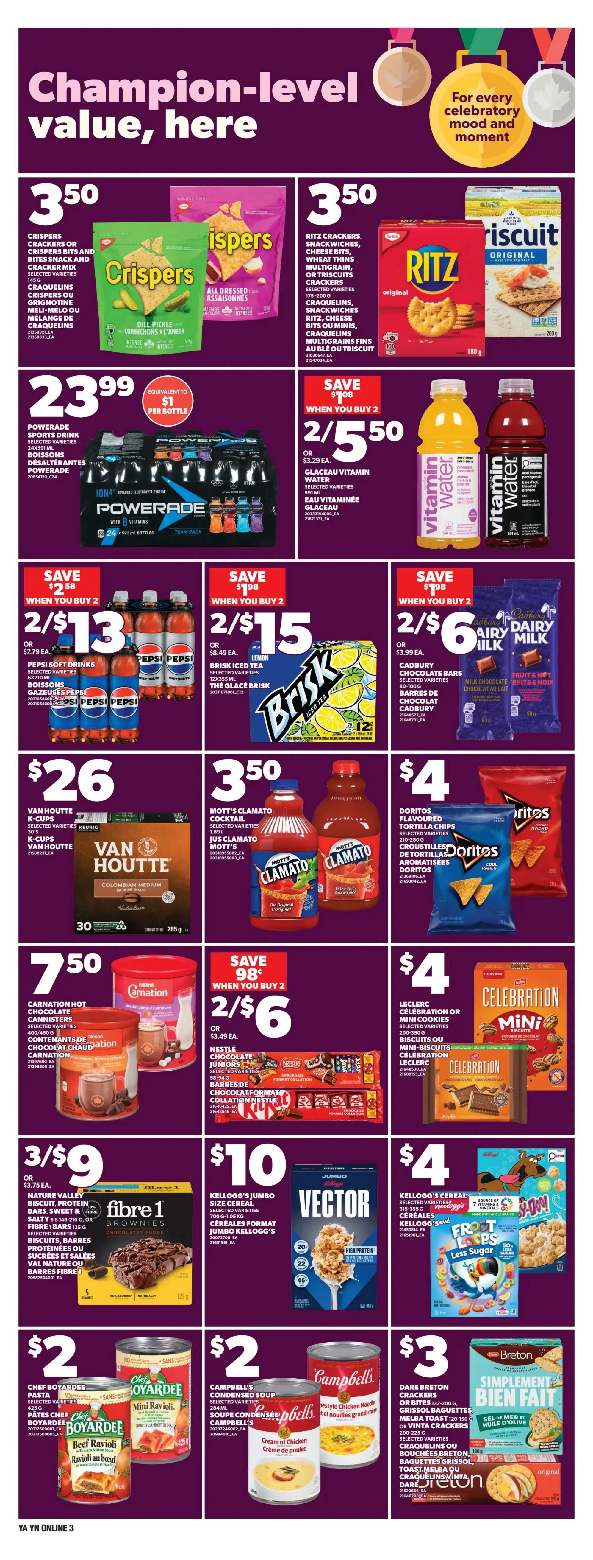 Independent flyer specials page 6 features a champion-level value theme. Top row offers Crispers crackers or cracker mix for $3.50 and Ritz crackers, Snackwiches, or Triscuits for $3.50. Powerade sports drink 24x591 mL is $23.99, equivalent to $1 per bottle. Vitamin Water 591 mL is 2 for $5.50, or $3.29 each. Pepsi soft drinks 6x710 mL are 2 for $13, or $7.79 each. Brisk iced tea 12x355 mL is 2 for $15, or $8.49 each. Cadbury chocolate bars 80-100 g are 2 for $6, or $3.99 each. Van Houtte K-Cups 30's are $26. Mott's Clamato Cocktail 1.89 L is $3.50. Doritos flavoured tortilla chips 210-280 g are $4. Carnation hot chocolate canisters are $7.50. Nestle Chocolate Juniors 58-94 g are $4. Nature Valley biscuit, protein bars, sweet & salty bars, or Fibre 1 bars 125 g are 3 for $9, or $3.75 each. Kellogg's Jumbo size cereal 700 g-1.05 kg is $10. Kellogg's cereal 315-355 g is $4, including Frosted Flakes and Froot Loops Less Sugar. Chef Boyardee pasta or pates 425 g are $2. Campbell's condensed soup 284 mL is $2. Dare Breton crackers or Grissol baguettes, Melba toast 120-150 g, or Vinta crackers 200-225 g are $3.