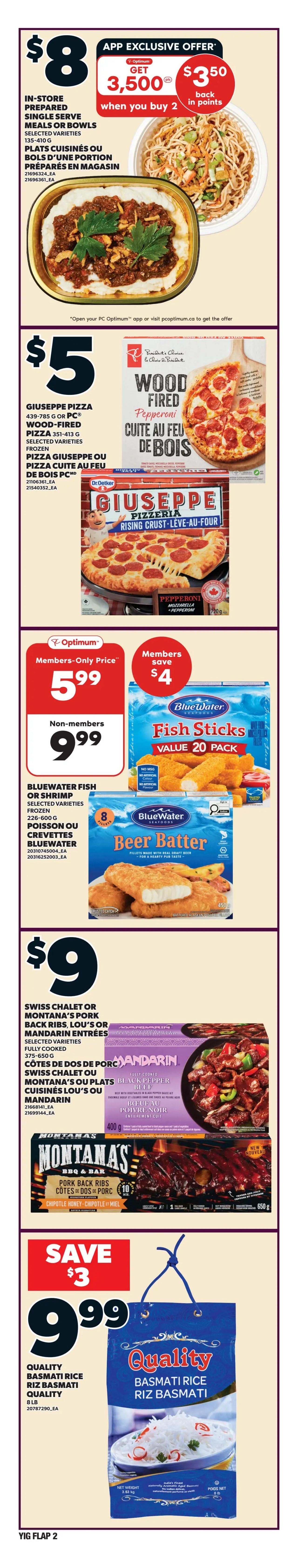 Independent flyer page 3 features savings on various grocery items. Save 54% on Pork Loin Combination Chops Sirloin and Rib Portion at $2.50 per lb. Save 48% on Chicken Thighs, boneless, skinless, family size, at $4.88 per lb. Fresh Steelhead Trout Fillets or Fresh Asc Tilapia Fillets are $10 per lb. Blackberries or Raspberries (half pint) are $2.50. Farmer's Market Avocado Bag (5 units) is $3.50. Buy 2 PC Pacific Large White Shrimp (raw or cooked, peeled, 400g) for $16, or $9 each. Cauliflower is $4 each. Save up to $2.29 on PC Double Cream Brie (165-200g) or PC Splendido Sliced Meat (100g) for $6. No Name Canola Oil or Vegetable Oil (3L or 250mL) is $8. Lactantia Butter (454g) is $4.98. Save 50% on Jamieson Vitamins or Supplements (selected varieties and sizes). Finish 40-55's or Cascade Action Paks (60's), Gain Laundry Detergent (4.25L/42oz), or Bounce Sheets (240's) are $15. No Name Flour (2.5kg) is $3. Flyer prices are effective from Thursday, February 19th to Wednesday, February 25th, 2026.
