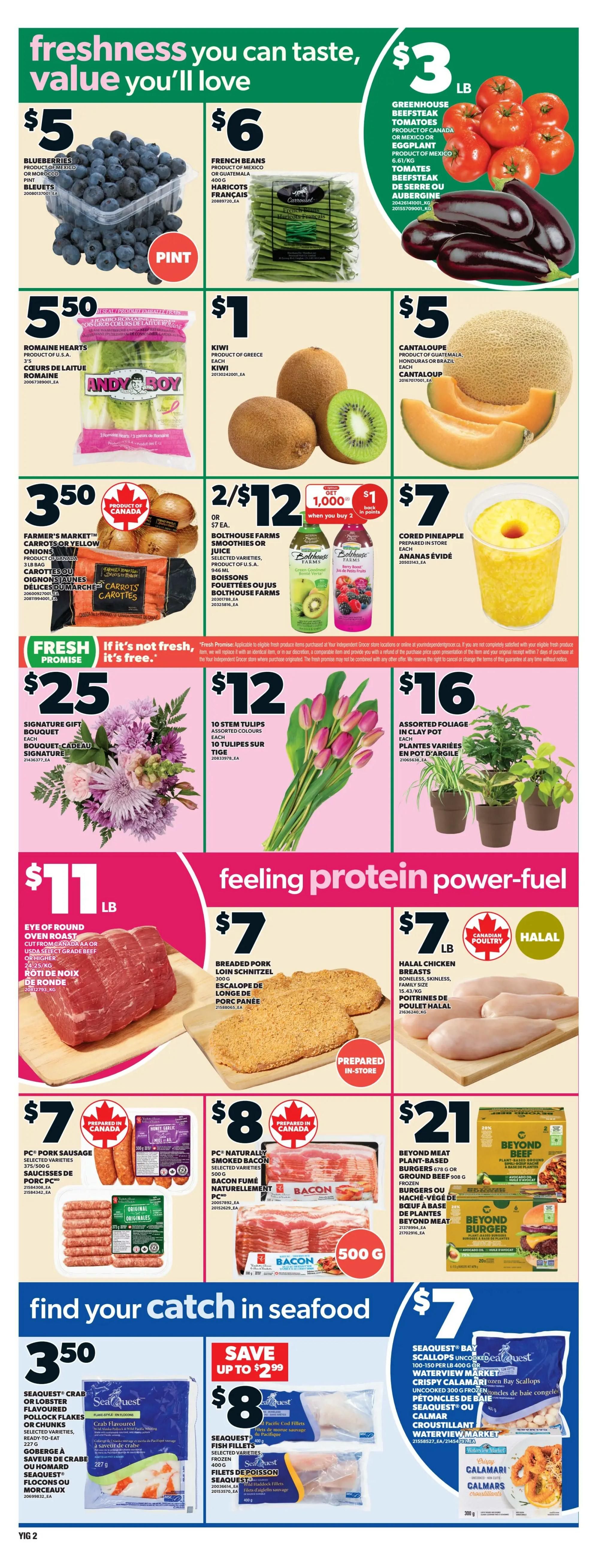 Independent flyer page 5 featuring fresh produce and protein deals. Fresh produce includes blueberries for $5, French beans for $6, greenhouse beefsteak tomatoes or eggplant for $3/lb, Andy Boy Romaine Hearts for $5.50, kiwi for $1 each, cantaloupe for $5 each, Farmer's Market onions for $3.50, and Bolthouse Farms smoothies or juice for 2/$12 with 1,000 Optimum points back when you buy 2. Also featured is a Signature Gift Bouquet for $25 and 10 stem tulips for $12. Protein options include Eye of Round oven roast beef for $11/lb, breaded pork loin schnitzel for $7/lb, and Halal chicken breasts for $7/lb. Other protein deals include PC Pork Sausage for $7, PC Naturally Smoked Bacon for $8, and Beyond Meat plant-based burgers or ground beef for $21. Seafood specials include Seaquest Crab or Lobster Flaked Pollock Flakes or Chunks for $3.50, Seaquest Fish Fillets for $8, and Seaquest Bay Scallops or Waterview Market Crispy Calamari for $7.
