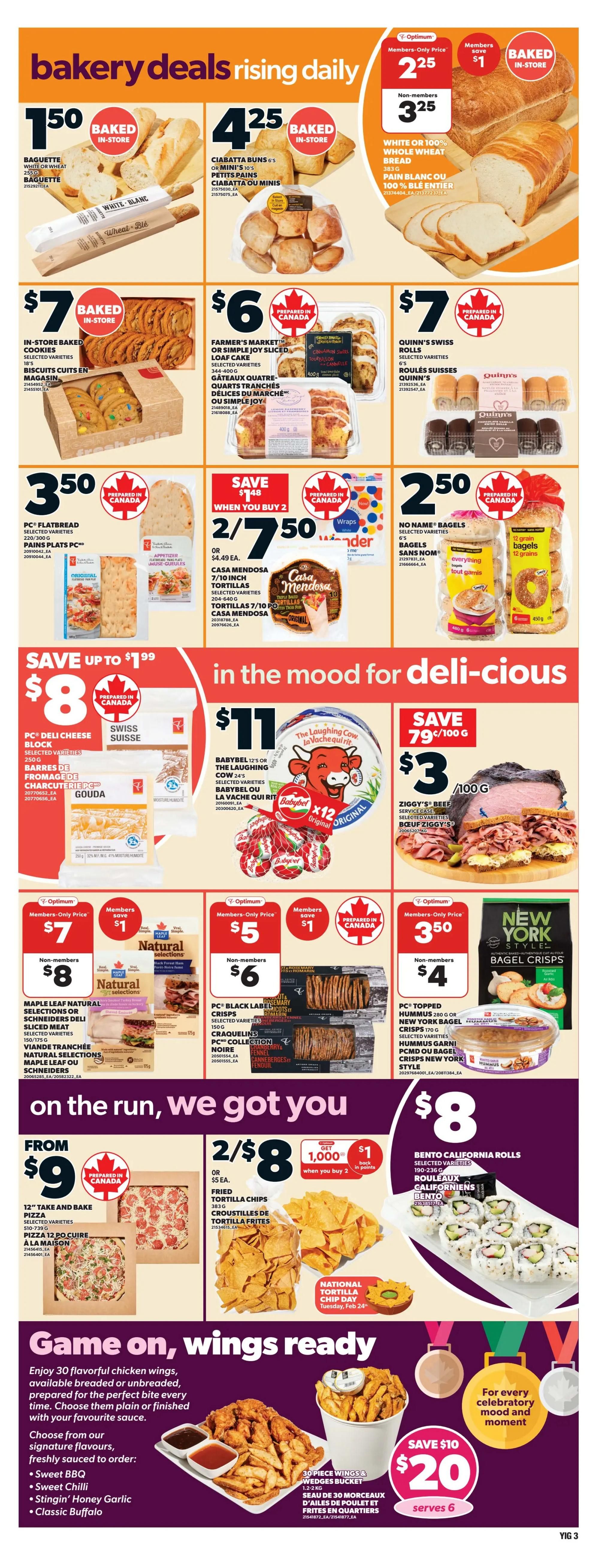 Independent flyer page 6 features bakery deals including Baguette for $1.50, Ciabatta Buns or Mini's for $4.25, and White or 100% Whole Wheat Bread for $2.25 for members and $3.25 for non-members. Also available are In-Store Baked Cookies for $7, Farmer's Market or Simple Joy Sliced Loaf Cake for $6, and Quinn's Swiss Rolls for $7. Deals on prepared foods include PC Deli Cheese Block for $8, Babybel or The Laughing Cow for $11, and Ziggy's Beef Service Case for $7.99/100g. On the run specials include 12' Take and Bake Pizza from $9, Fried Tortilla Chips 2/$8 or $5 each, and New York Style Bagel Crisps with hummus for $3.50 for members and $4 for non-members. Bento California Rolls are $8. The page also highlights a 30 Piece Wings & Wedges Bucket for $20, serving 6, with signature flavours like Sweet BBQ, Sweet Chilli, Stinging' Honey Garlic, and Classic Buffalo.