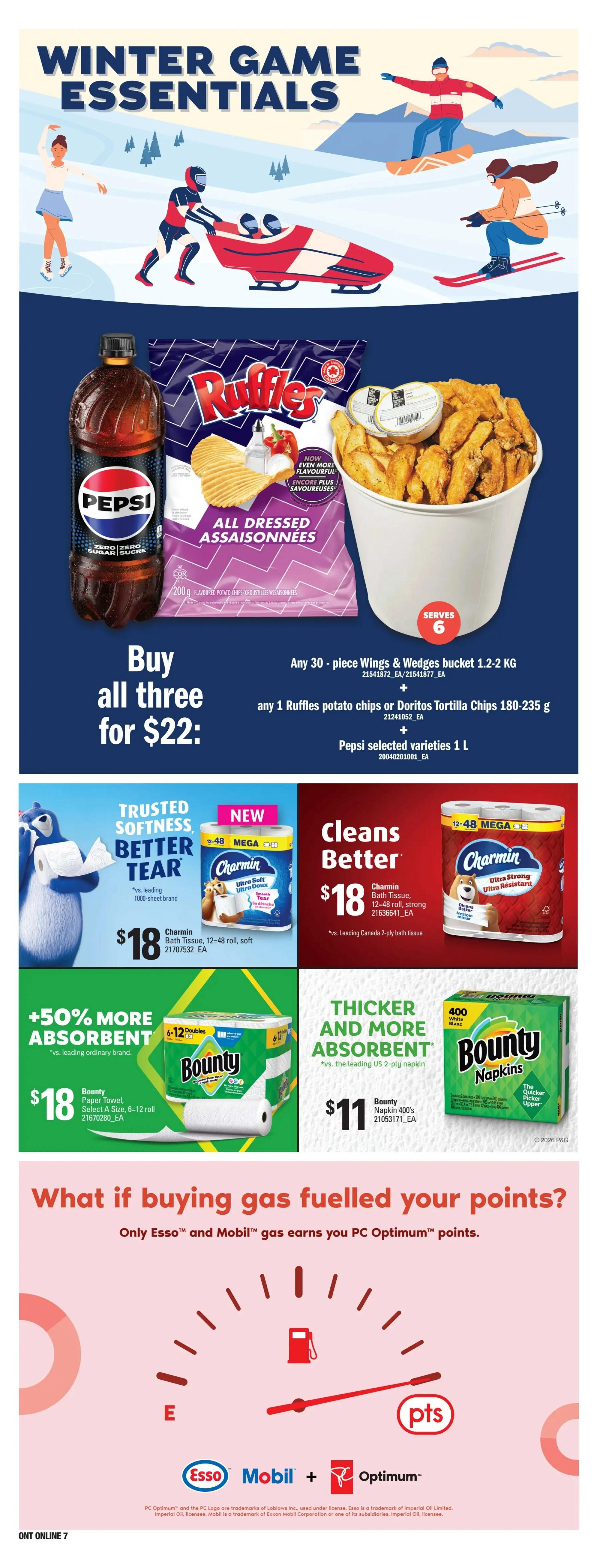 Independent flyer page 17 features Winter Game Essentials. Get a 30-piece Wings & Wedges bucket (1.2-2 KG) with any Ruffles potato chips or Doritos Tortilla Chips (180-235 g) and any Pepsi selected varieties (1 L) for $22. Also on sale is Charmin Bath Tissue, 12-48 roll, soft, for $18, and Charmin Bath Tissue, 12-48 roll, strong, for $18. Bounty Paper Towel, Select A Size, 6=12 roll, is $18, and Bounty Napkin 400's are $11. The page also promotes earning PC Optimum points when buying gas at Esso and Mobil stations.