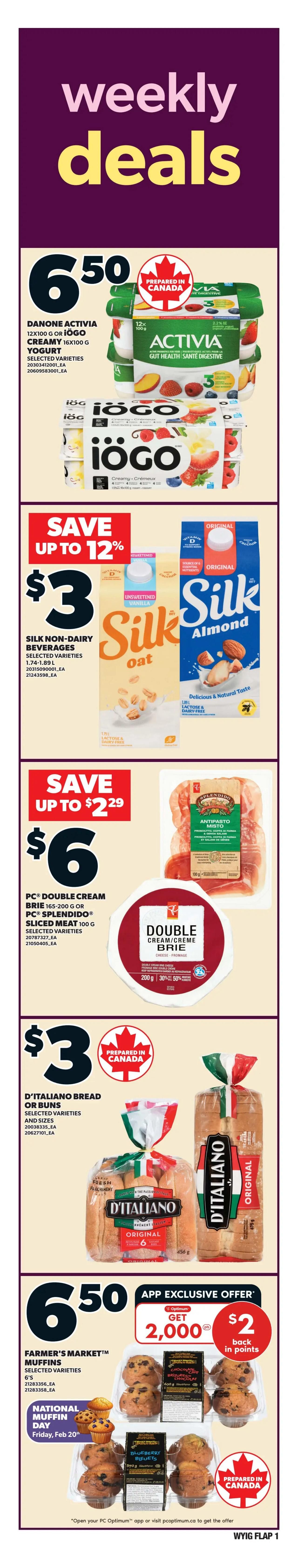 Independent flyer page 2 features an app exclusive offer: get $8 back in PC Optimum points when you buy 2 selected in-store prepared single-serve meals or bowls (135-410g). Also featured is Giuseppe Wood Fired Pepperoni Pizza for $5. Members can purchase PC Fish Haddock & Hops Battered Wild Haddock Fillets (550-680g) for a members-only price of $10, saving $4 compared to the non-member price of $14. Hellmann's Mayonnaise (710-890ml) or Bertolli Extra Virgin Olive Oil (460-500ml) are on sale for $5.99. Save $3 on Quality Basmati Rice (8lb).